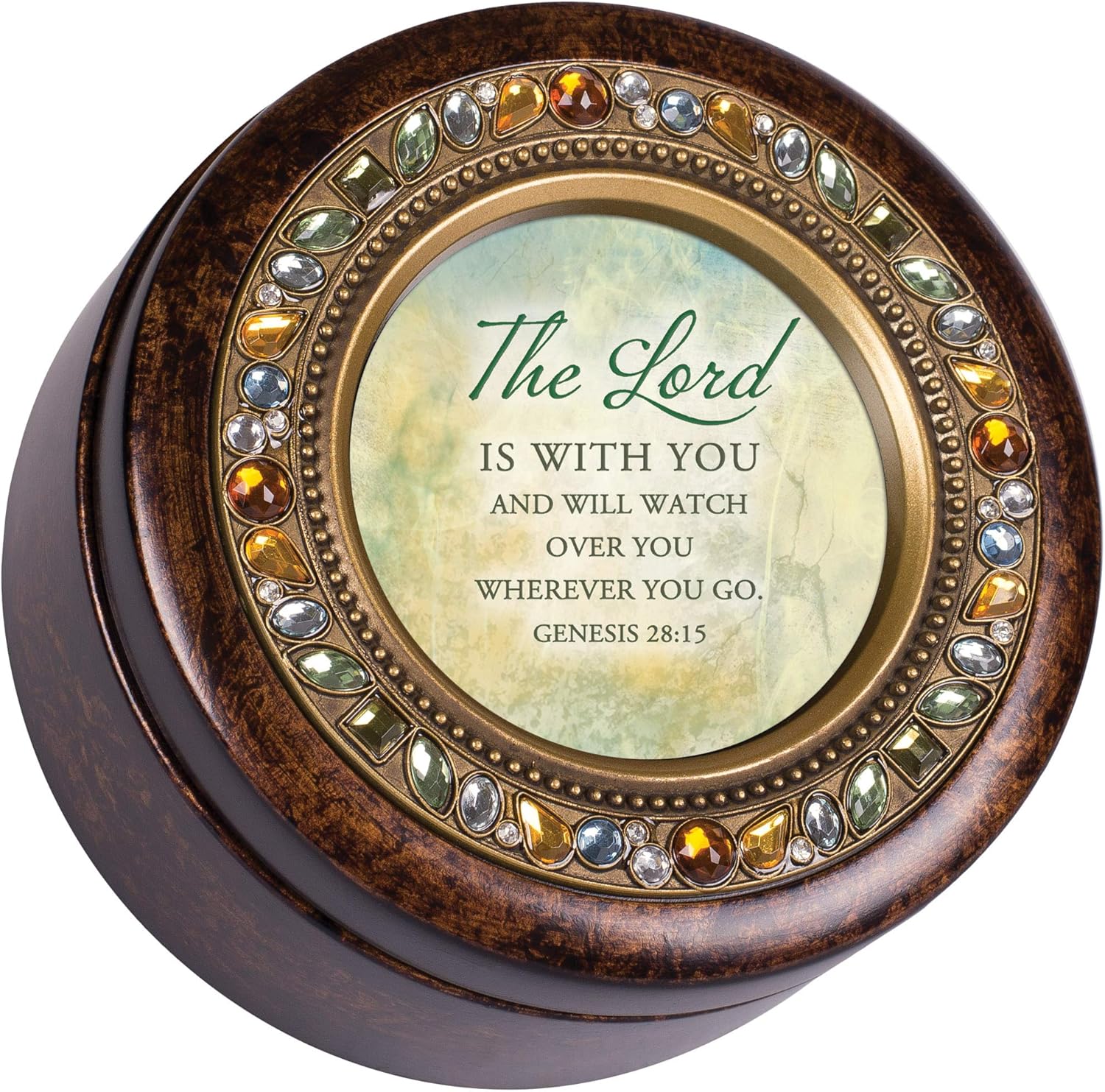 Cottage Garden Watching Over You Inspirational Amber Earth Tone Jeweled Round Music Box Plays How Great Thou Art