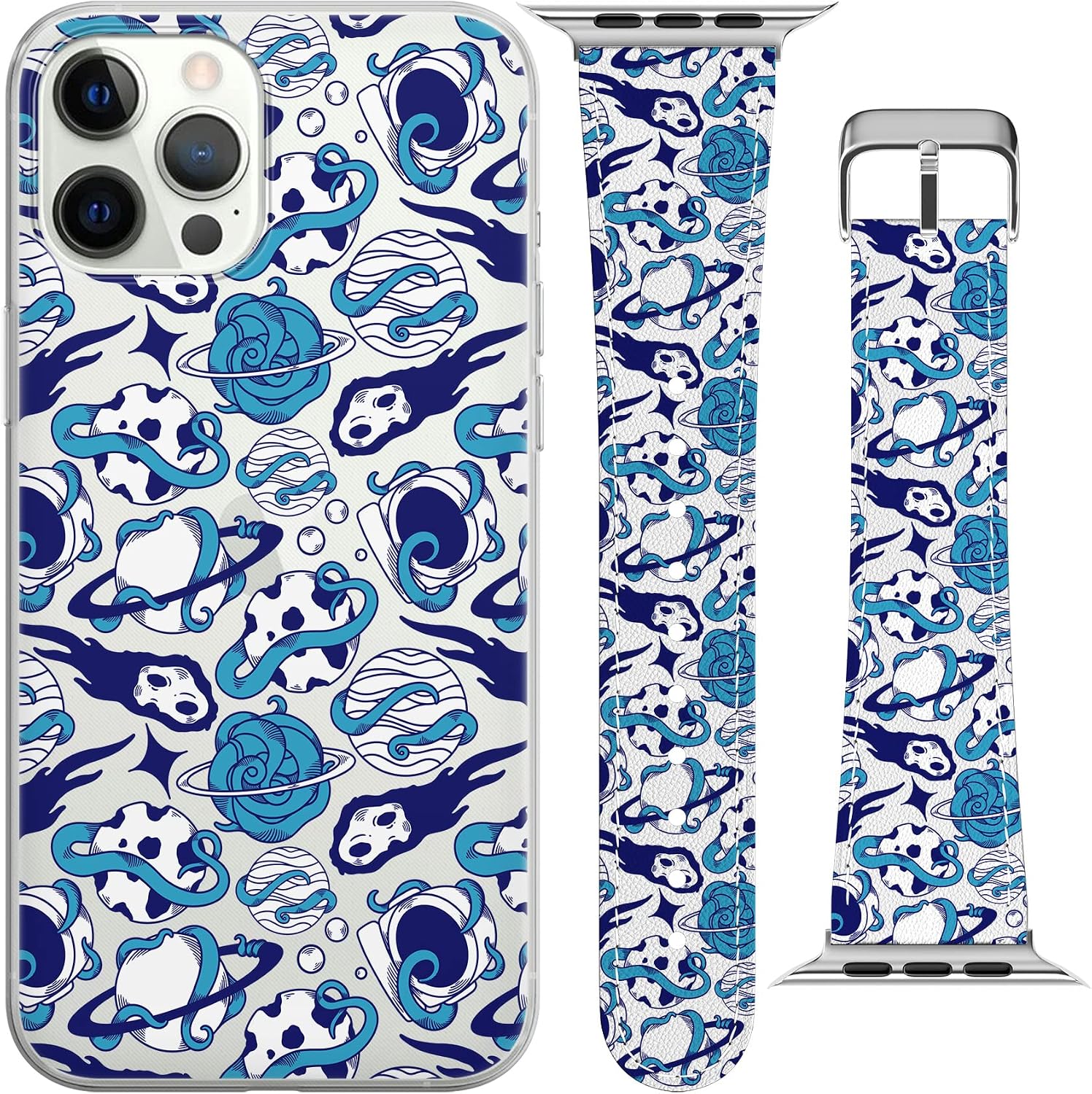 Wrist Band Compatible for Apple Watch Series 7/6/5/4/3/2/1/SE & Matching Phone Case Octopus Cool Moon Astronaut PU Leather Alien Print Replacement Strap 38-40-42-44 mm Spaceship Bracelet image 2