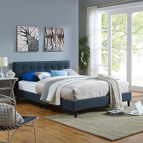 Miniatura 13 de Modway Linnea - Cama de plataforma tapizada blanca con soporte de listones de madera Blanco,Rojo atómico,Celeste,Beige,Gris,claro,Gris,verde azulado