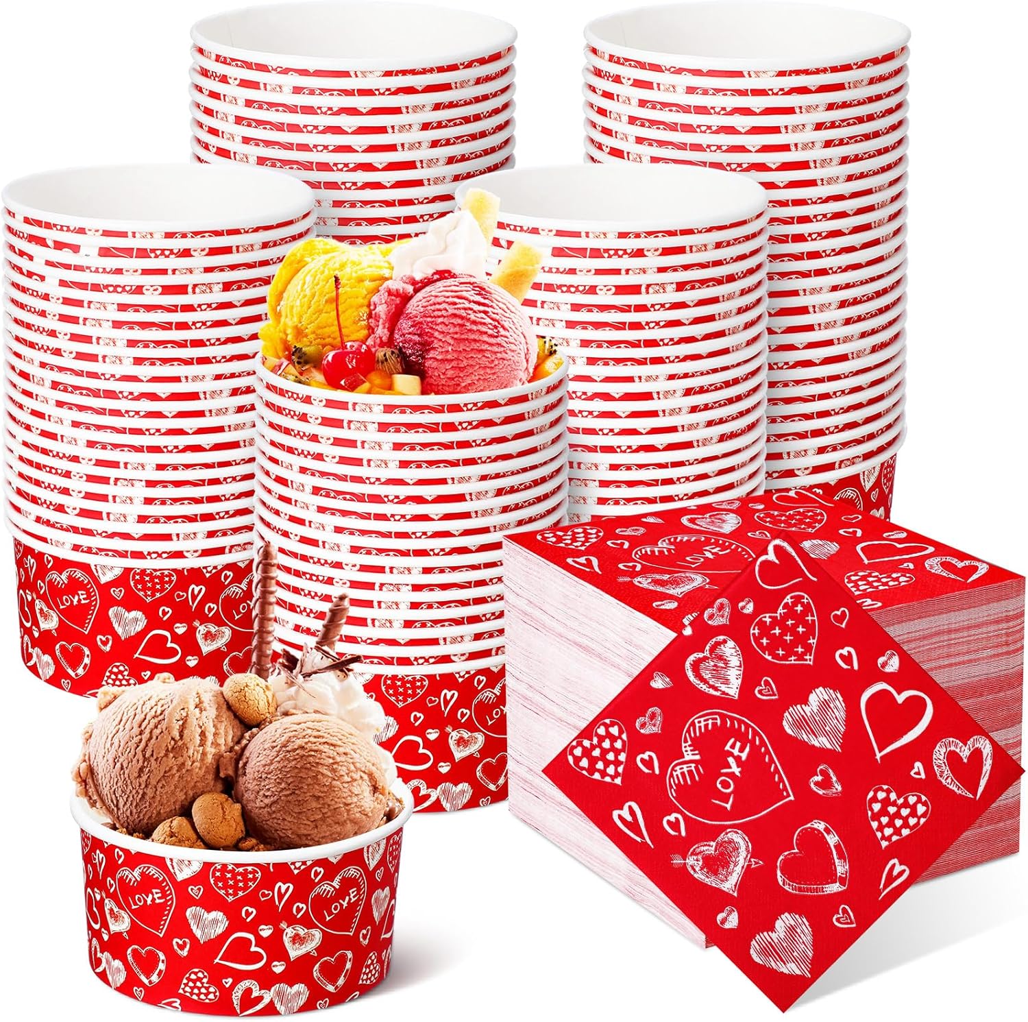 Hushee 150 Pcs Valentines Day Paper Bowls and Napkins Disposable Set, 50 Treat Snack Soup Cups 12 oz Ice Cream Bowl and 100 Love Heart 3 Ply Paper Napkin Valentines Party Supplies Decoration Serves 50