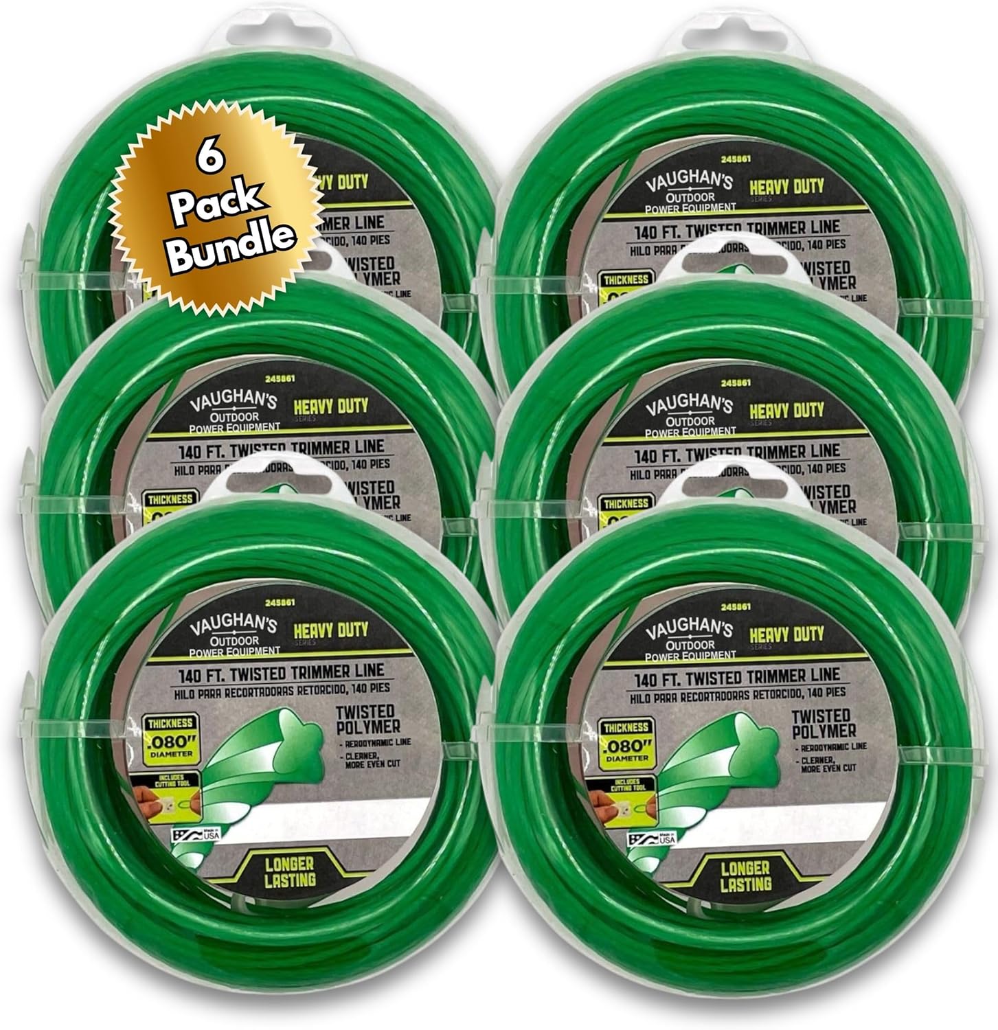 Vaughan's Heavy-Duty Master Line .080" Trimmer Line, 140ft | Green Twisted Polymer | Universal Weed Eater String for Gas & Electric & Battery Models | Made in The USA (6 Pack)