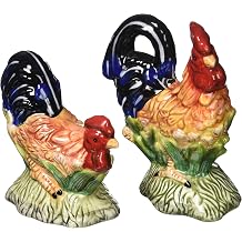 CG SS-CG-56535 Ceramic Rooster Salt & Pepper Shakers With Blue Tail Feathers, 5"