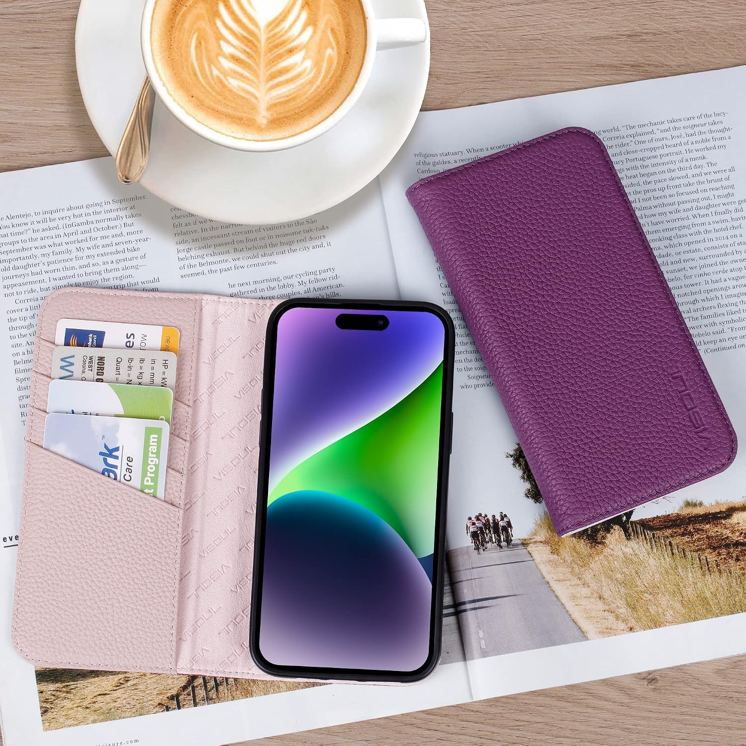 VISOUL Pebbled Genuine Leather Case for iPhone 14 Pro Max Wallet Case with Card Holder Kickstand Magnetic Flip Folio Cover Designed for iPhone 14 Pro Max (6.7")-Purple+Light Purple