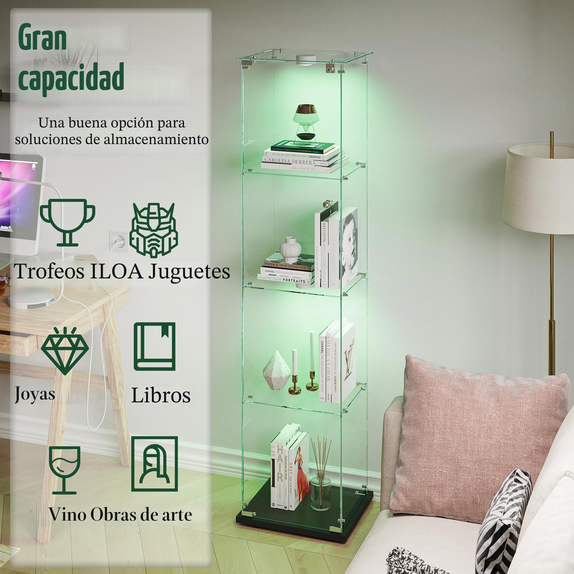 Vitrina Expositora para Colecciones Grande, vitrina de Cristal con luz 163x35x39.8 cm Vitrina Expositora con led 1 Puertas 4 Estantes vitrina expositora transparente (1puerta 4planta, Negro A)