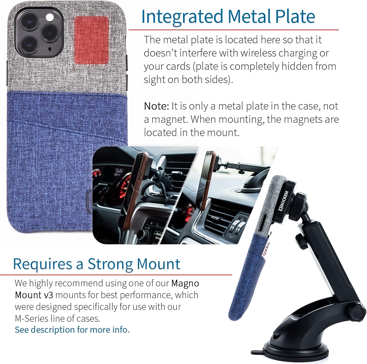 Dockem iPhone 11 Pro Wallet Case: Built-in Metal Plate for Magnetic Mounting & 2 Credit Card Holder Slots (5.8" Luxe M2 Synthetic Leather, Blue and Grey)