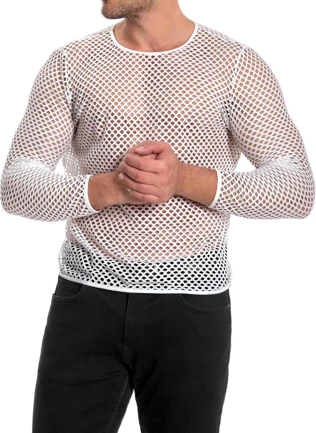 Men's Mesh Fishnet Top Long Sleeve Sheer See Through T Shirt Fitted Muscle Blouse Clubwear - Image 3