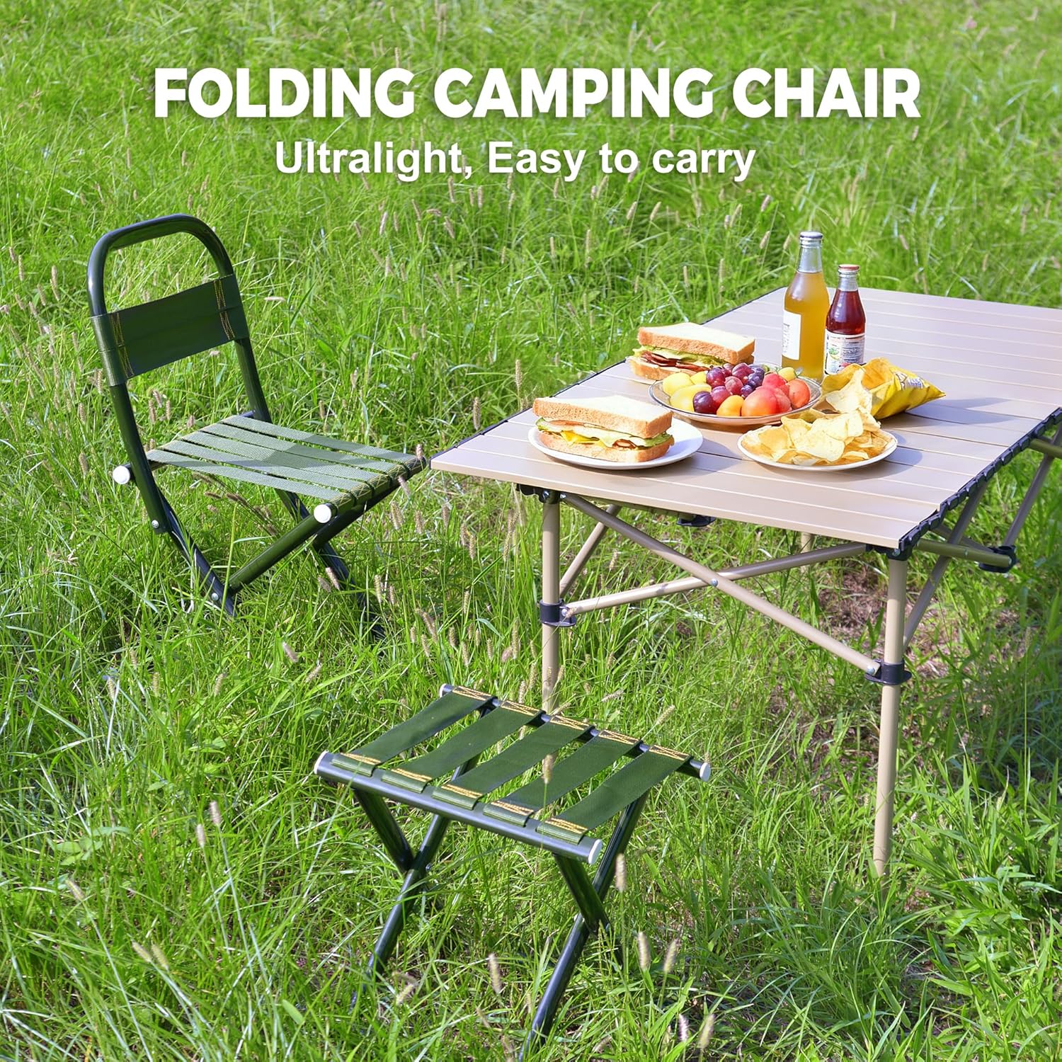 Portable Camping Chair, Full Steel Frame Folding Stool with Back, 400LBS Capacity Military Green Outdoor Chair for Adults, Heavy-Duty Webbing Seat, Compact Foldable Design for Hunting, Fishing, Hiking