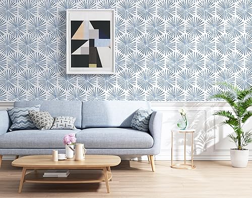 Miniatura 4 de Guvana Papel tapiz autoadhesivo de 17.3 x 118 pulgadas, papel tapiz geométrico azul y blanco, papel de contacto geométrico para baño, dormitorio,