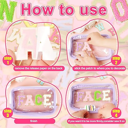 Miniatura 11 de Parches de letras autoadhesivas rosas: Parche bordado con apliques de letras universitarias de chenilla