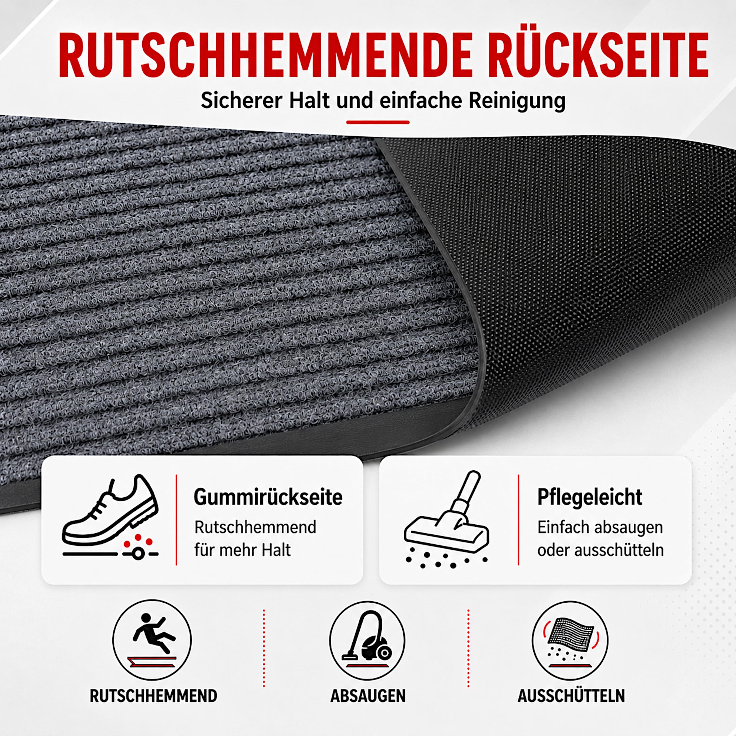 Fußmatte Grau 90x150 cm – Robuste, rutschfeste Schmutzfangmatte für Innen- und Außenbereich - saugfähige Türmatte aus Polypropylen und PVC