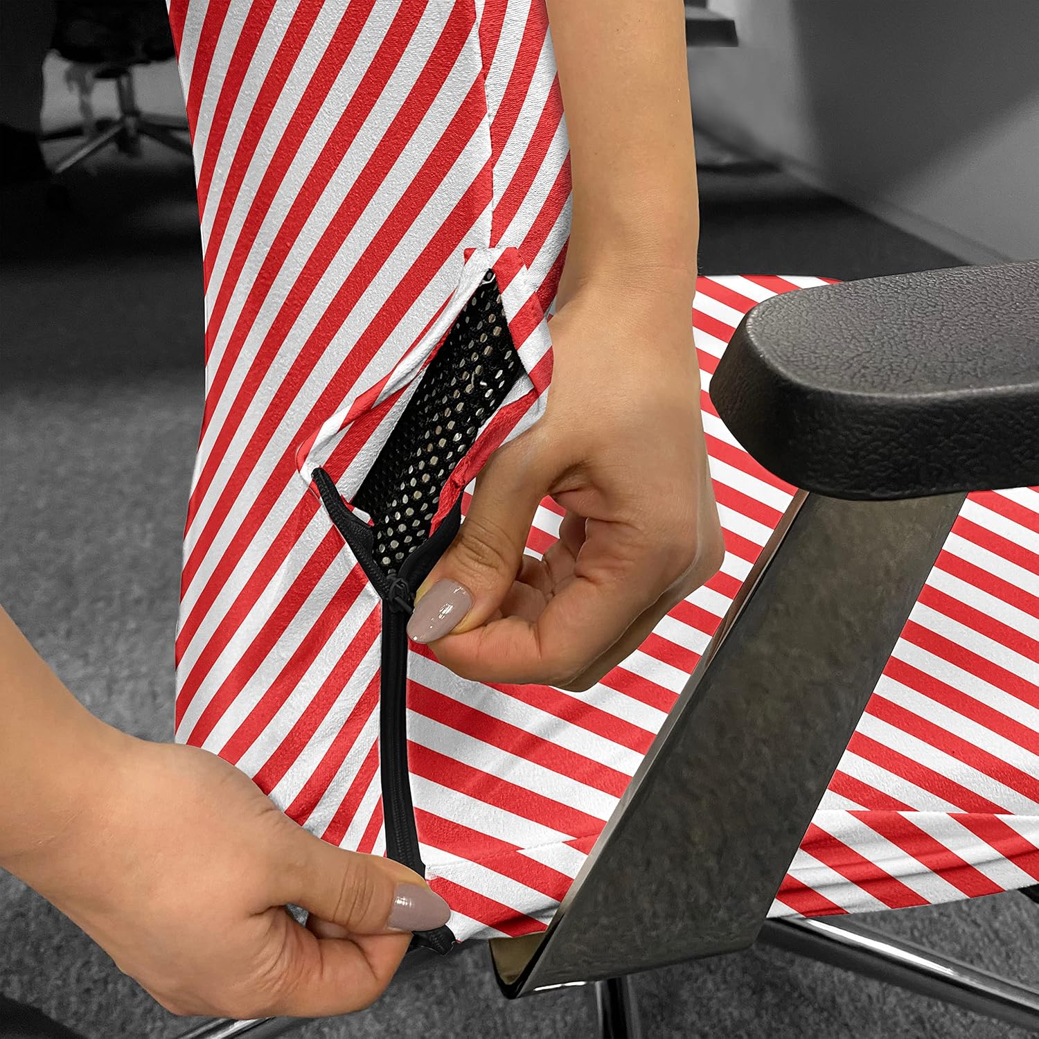 Ambesonne Candy Cane Office Chair Cover, Diagonal Red Lines Christmas Celebration Themed Geometric Arrangement, Stretchable Decorative Universal Size High Back Printed Slipcover, Orange and White