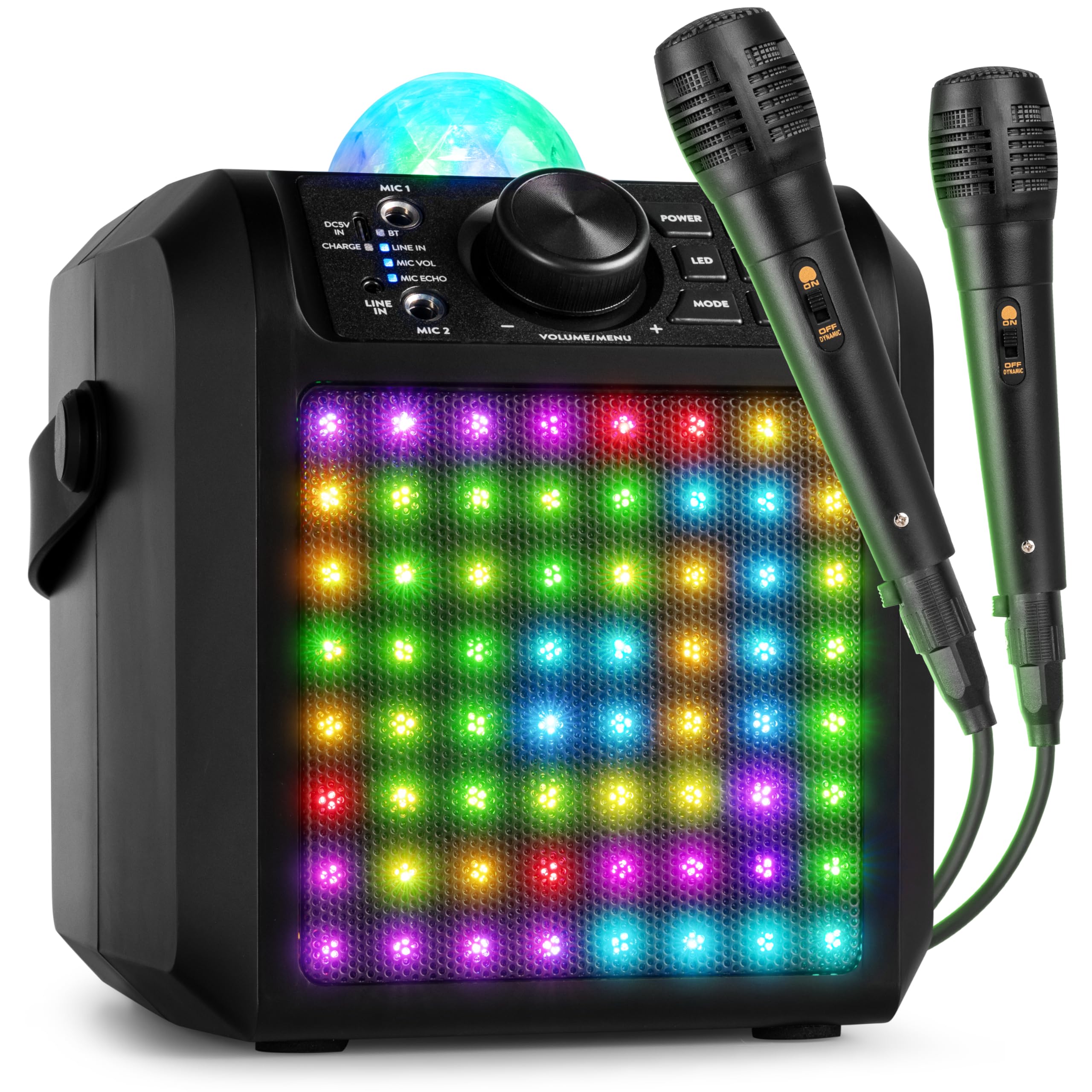 Fenton KAR55B – Altavoz Karaoke Bluetooth 50W con 2 microfonos con Cable, batería Recargable, Luces LED RGB, Jelly Ball Bola de Discoteca, Altavoz portatil con AUX y Bluetooth 5.0, Color Negro
