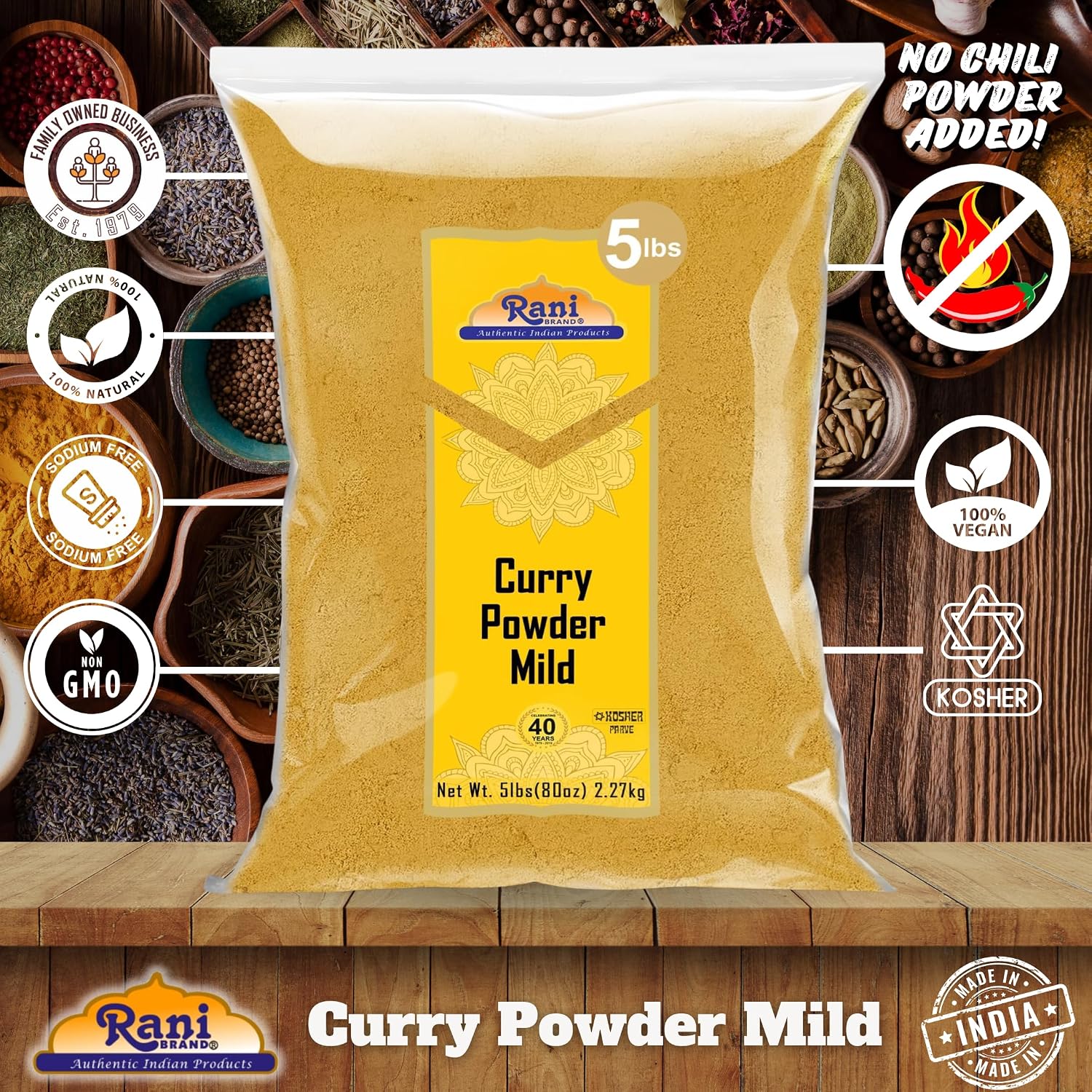 Rani Curry Powder Mild (10-Spice Authentic Indian Blend) 80oz (5lbs) 2.27kg ~ All Natural | Salt-Free | NO Chili or Peppers | Vegan | No Colors | Gluten Friendly | NON-GMO | Kosher | Indian Origin
