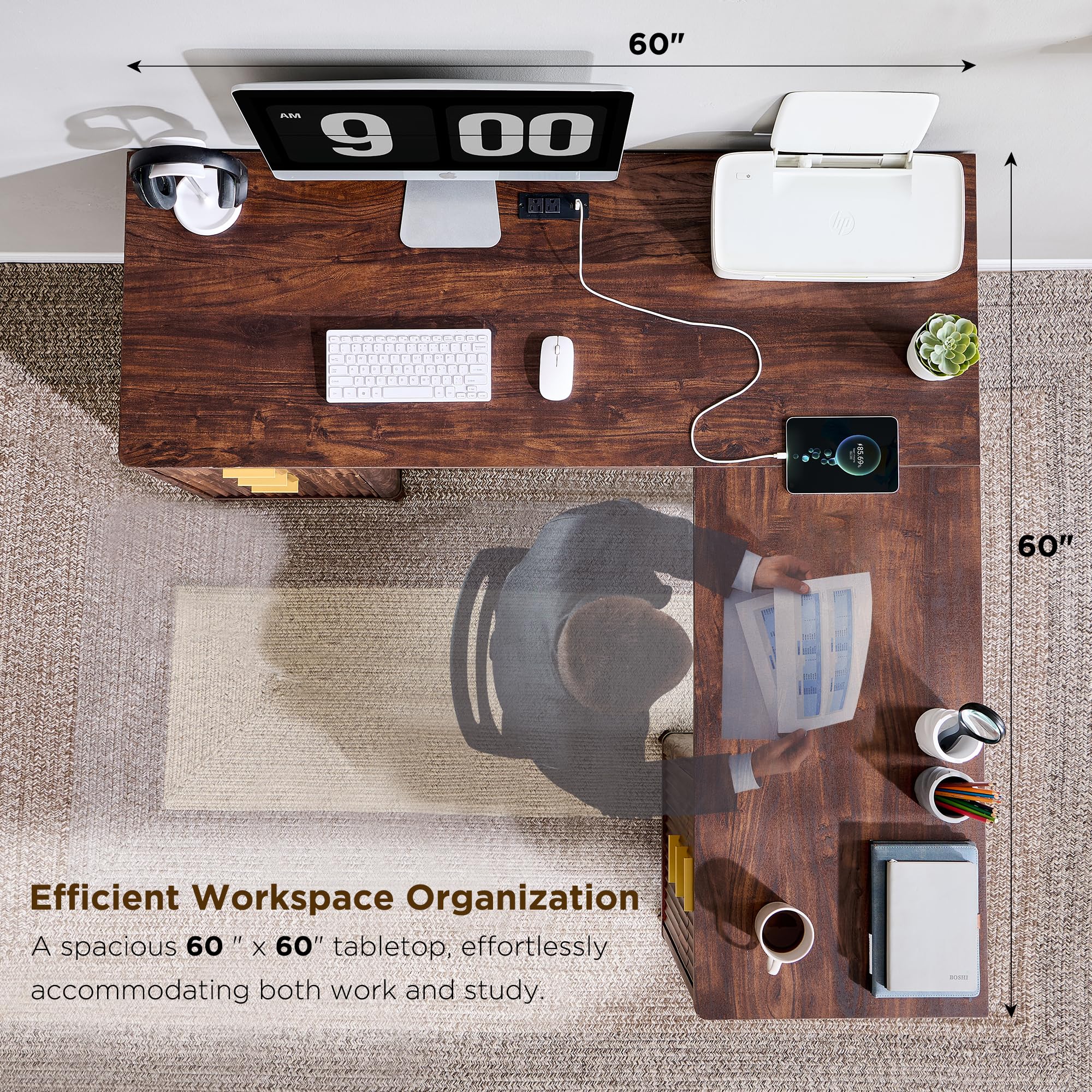 T4TREAM 60'' Fluted Executive L Shaped Desk, Modern Home Office Desk with Charging Station and File Drawer, Computer Corner Desks with Drawers & Storage Cabinet for Office Home, Bedroom, Natural Oak: Dark Walnut