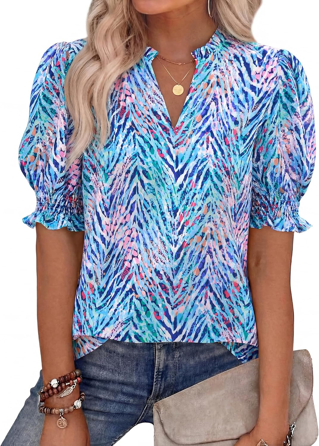 BTFBM Summer Blouses for Women Dressy Casual 2026 Fashion Spring Tops Floral Boho V Neck Puff Short Sleeve Top Shirts