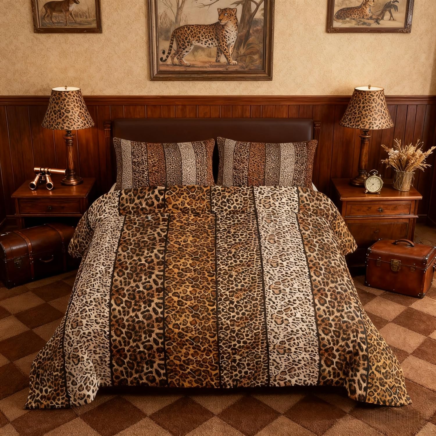 Leopard Print Comforter Set Queen Size,Wild Animals Cheetah Skin Texture Rustic Bedding Set,Girls Women Room Decor,Geometric Patchwork Fashion Down Comforter,Brown Retro Duvet Insert,2 Pillowcases