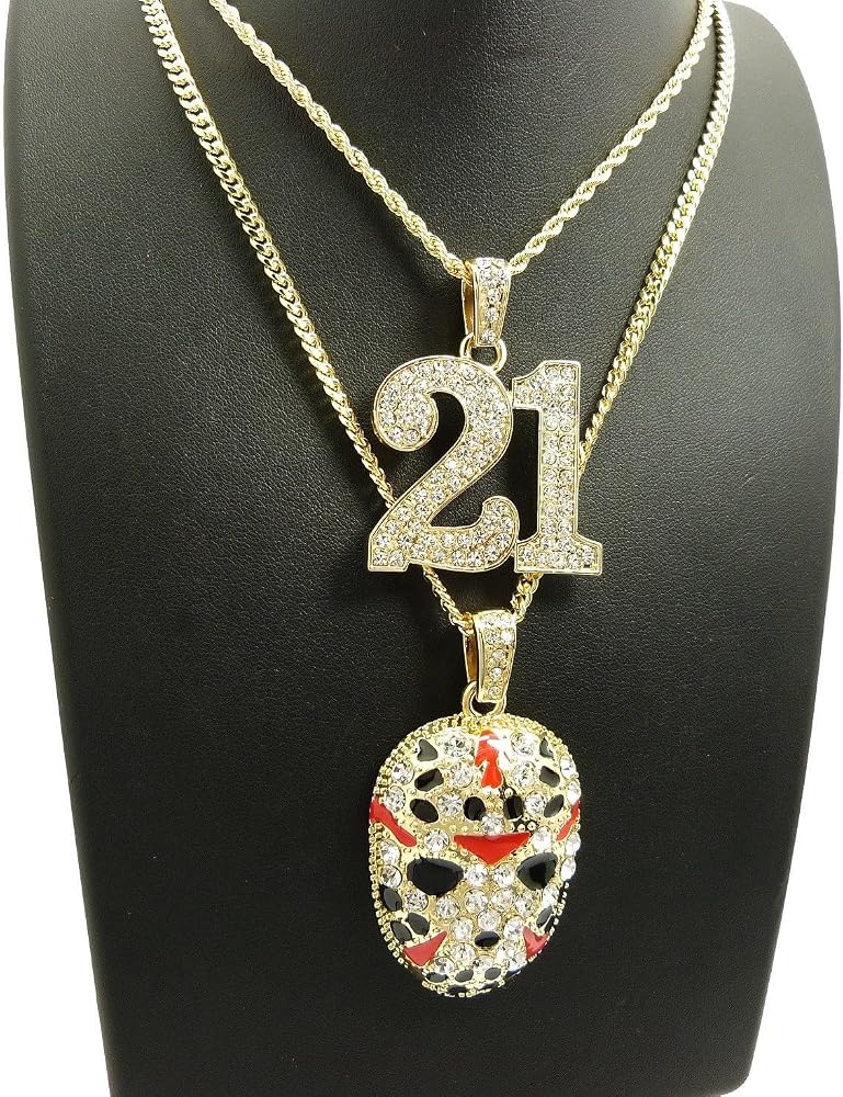 BLINGFACTORY ICED 21 & SLAUGHTER GANG MASK PENDANT w/ CUBAN, ROPE