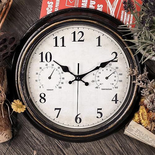 Miniatura 2 de JoFomp Relojes de exterior para patio, reloj de pared exterior grande de 12 pulgadas, impermeable, con termómetro e higrómetro, reloj de pared