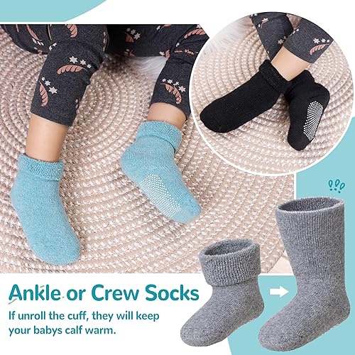 Miniatura 3 de 6 pares de calcetines antideslizantes para bebés, niños y niñas, calcetines cálidos de lana gruesa y suave con empuñaduras