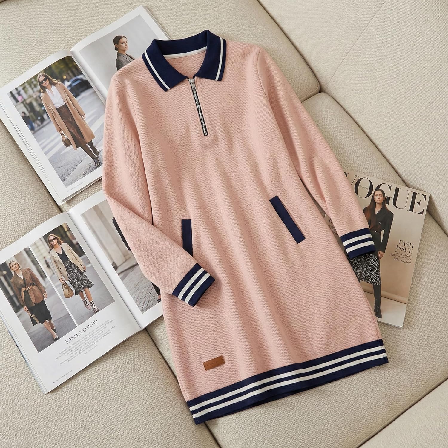 Womens Casual Half Zip Color Block Polo Lapel Sweatshirt Dress Loose Long Sleeve Tunic Aline Midi Dresses with Pockets - Image 4