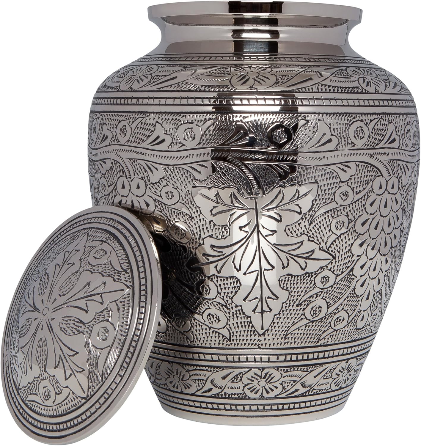 Silver Wine Grape Vines Funeral Urn - Cremation Urn for Human Ashes -Hand Made in Brass -Suitable for Cemetery Burial or Niche- Large Size fits Remains of Adults up to 200 lbs- Bordeaux Model