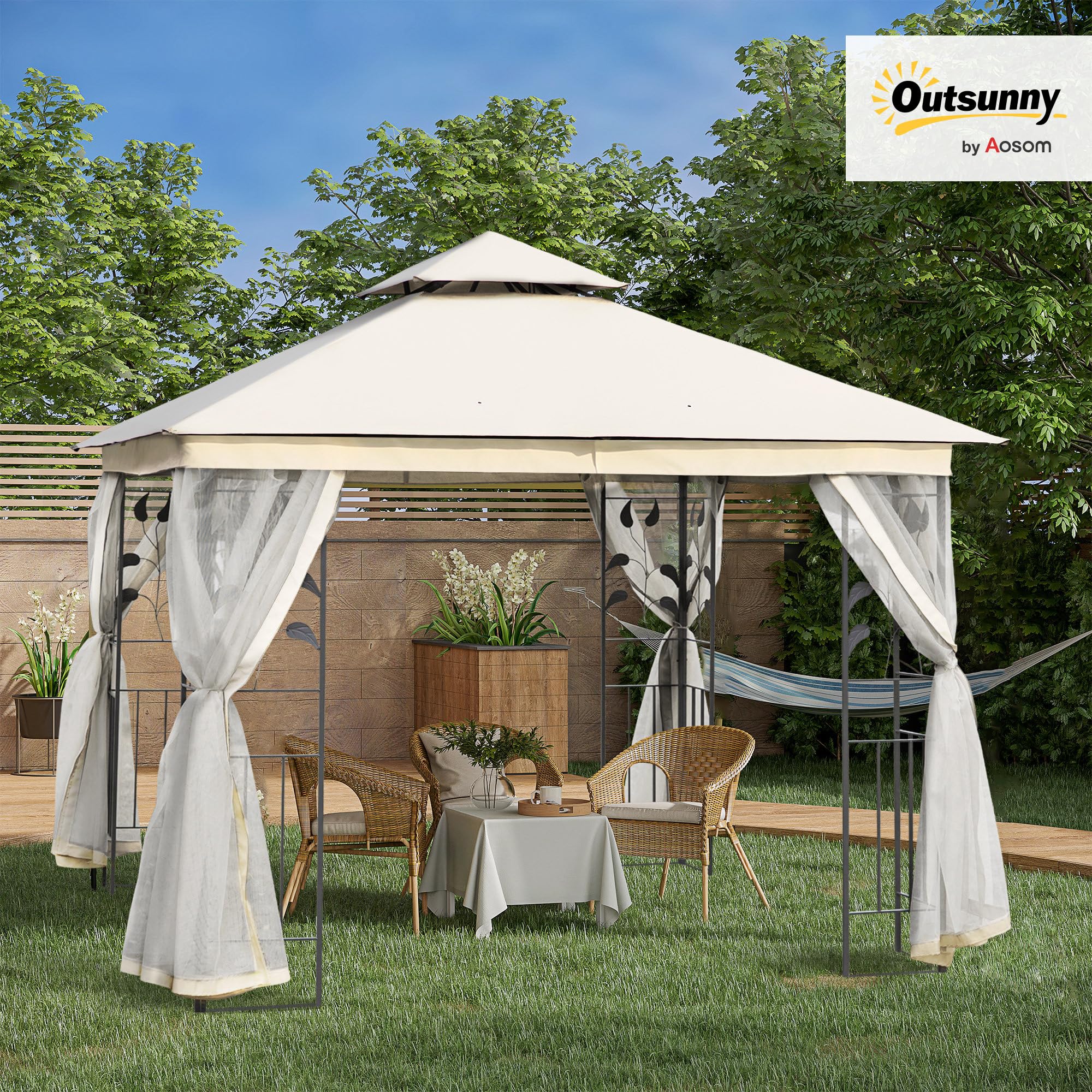 Outsunny Gazebo 3x3m da Esterno con Zanzariera Telaio Acciaio Bianco | Doppio Tettuccio, Gazebo da Giardino