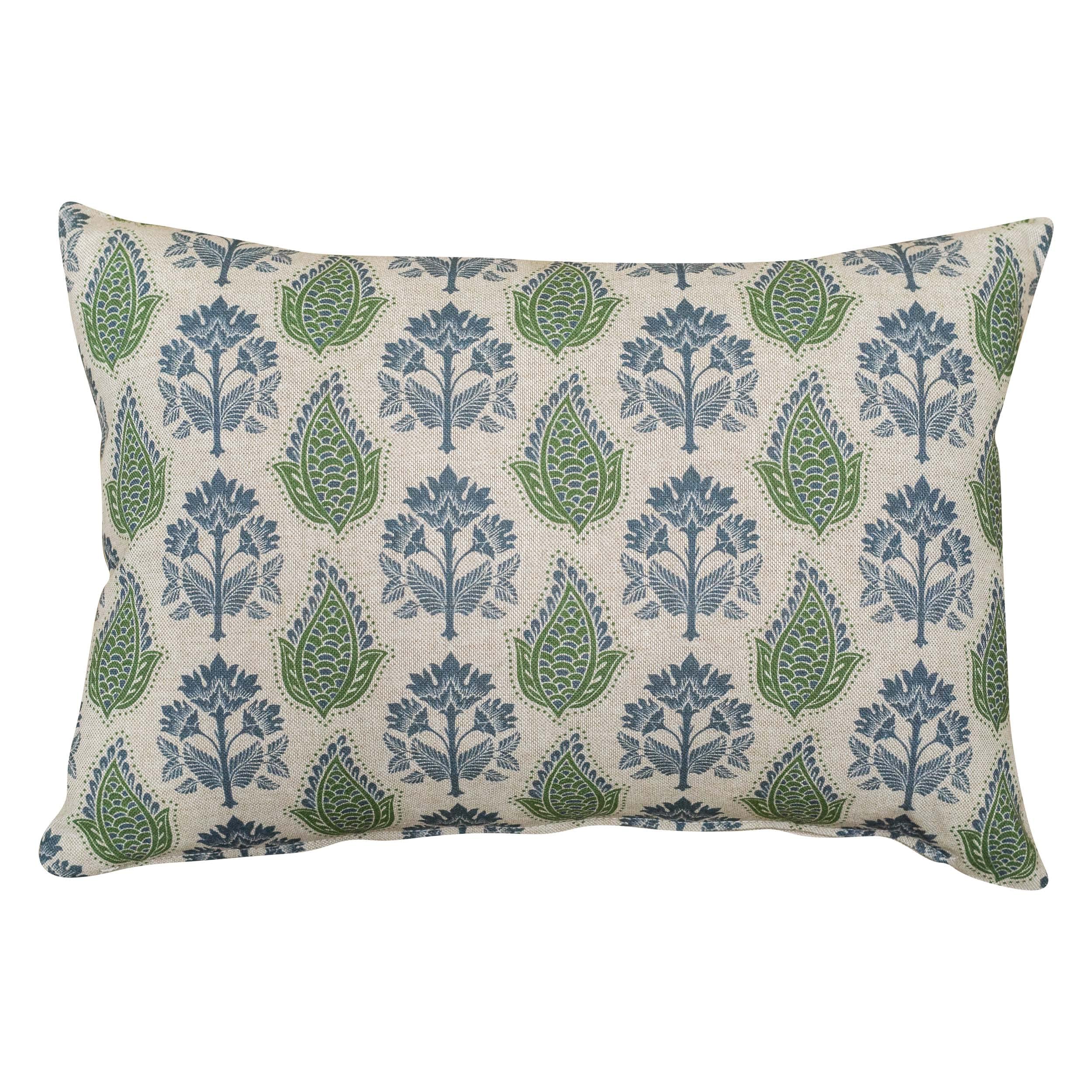 Linen Loft Blue/Green Cotswold Countryside Motif Boudoir Cushion Cover. Cottagecore And Floral & Leaf Geometric Botanical Design. 17X12 Cushion Cover Only