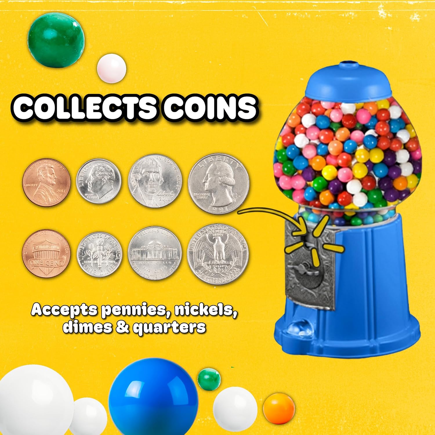 Vintage Gumball Machine - 11-Inch Retro-Style, Coin-Operated Cast Metal Vending Machine with Glass Globe and Free Spin by Great Northern Popcorn (Blue)