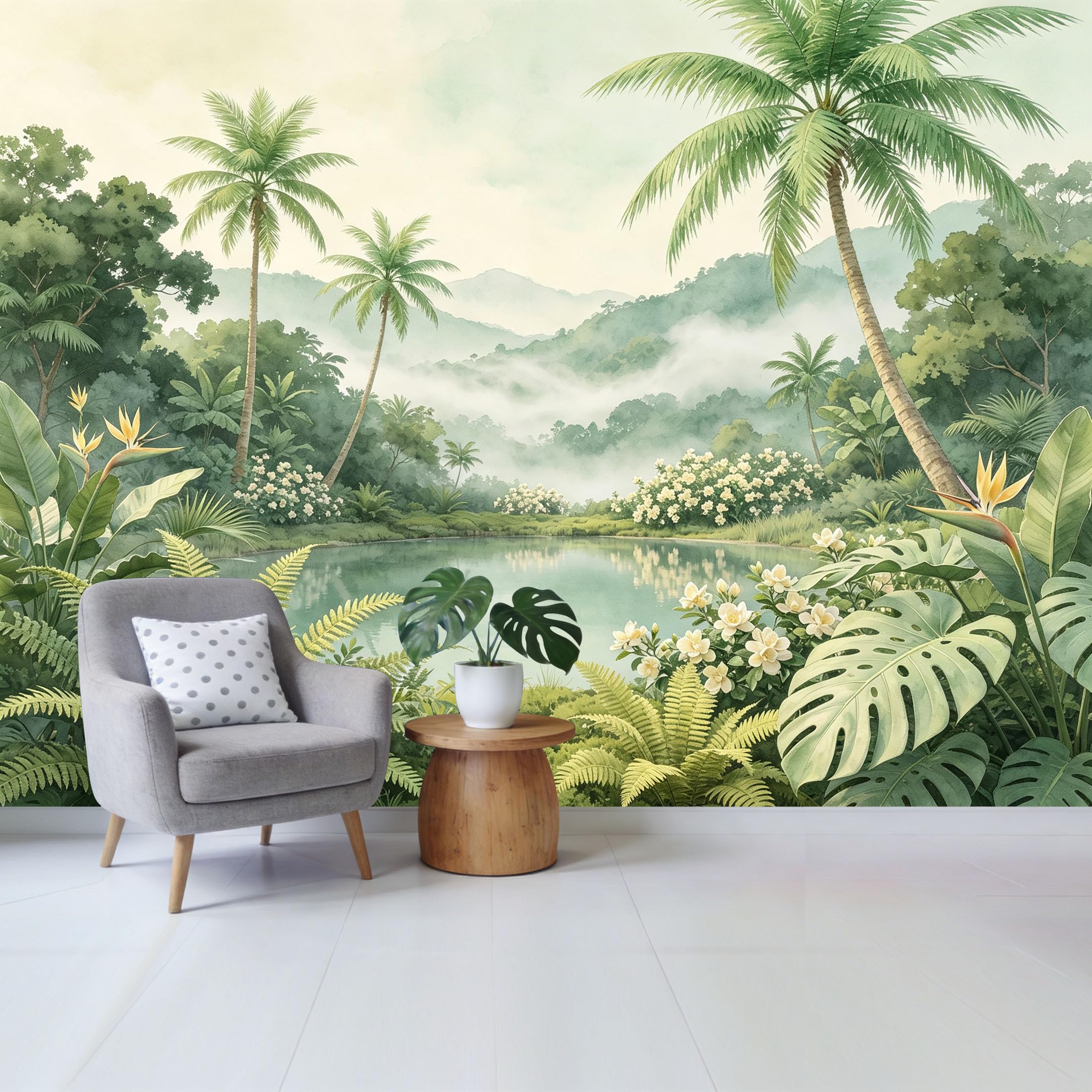 Custom Size Wall Mural Tropical Rainforest Lake Misty Mountain Botanical Watercolor Removable Self Adhesive Fabric，Home Wall Decor for Living Room Bedroom Bathroom
