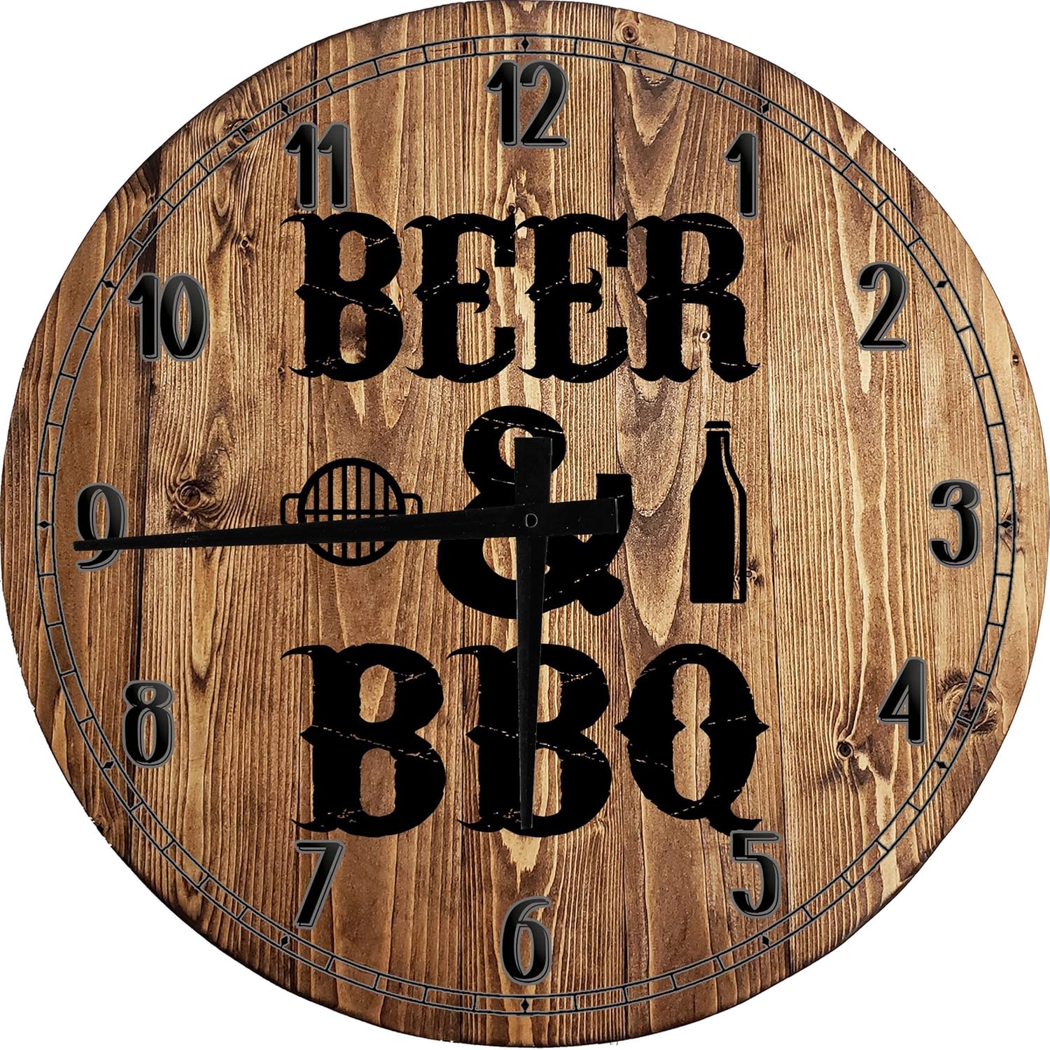 Beer & BBQ Manly Outdoor Activities Grilling Cookout Craft IPA Large Round Wood Wall Clock Decor 12 Inch Gray Wall Art