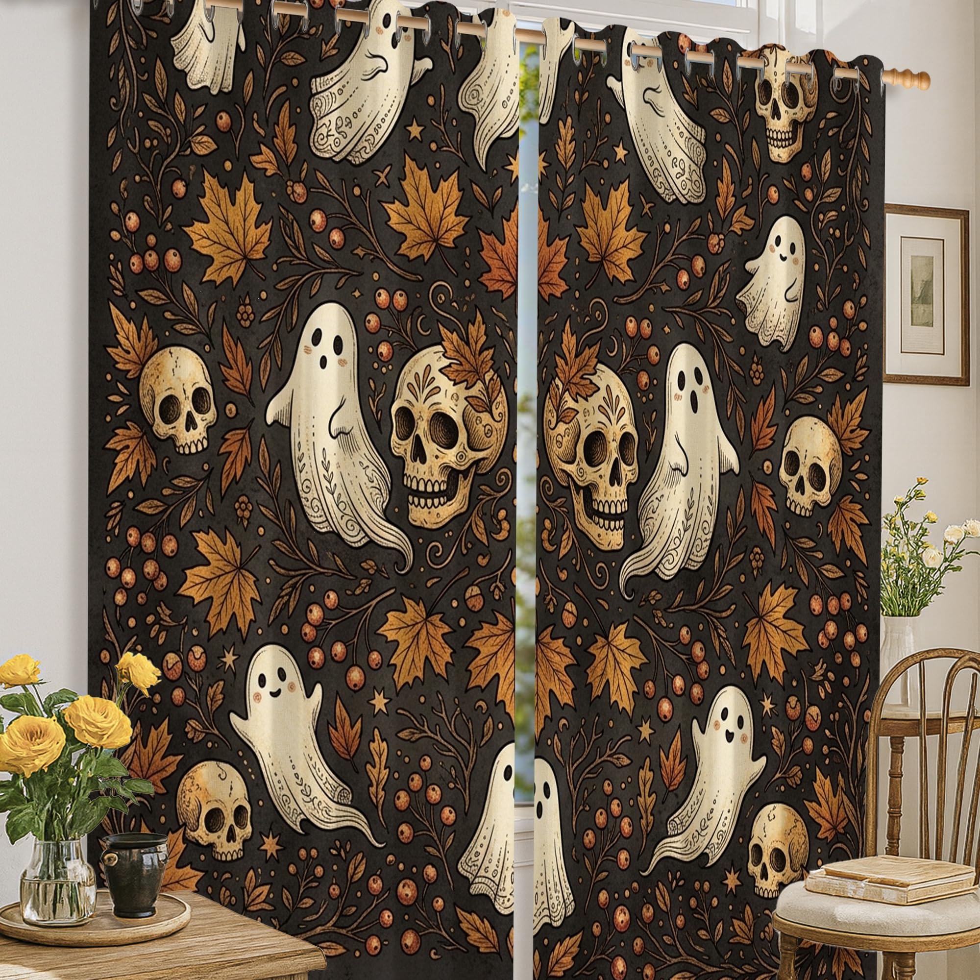 Rideau occultant Halloween fantôme et tête de mort noir 132x160 cm