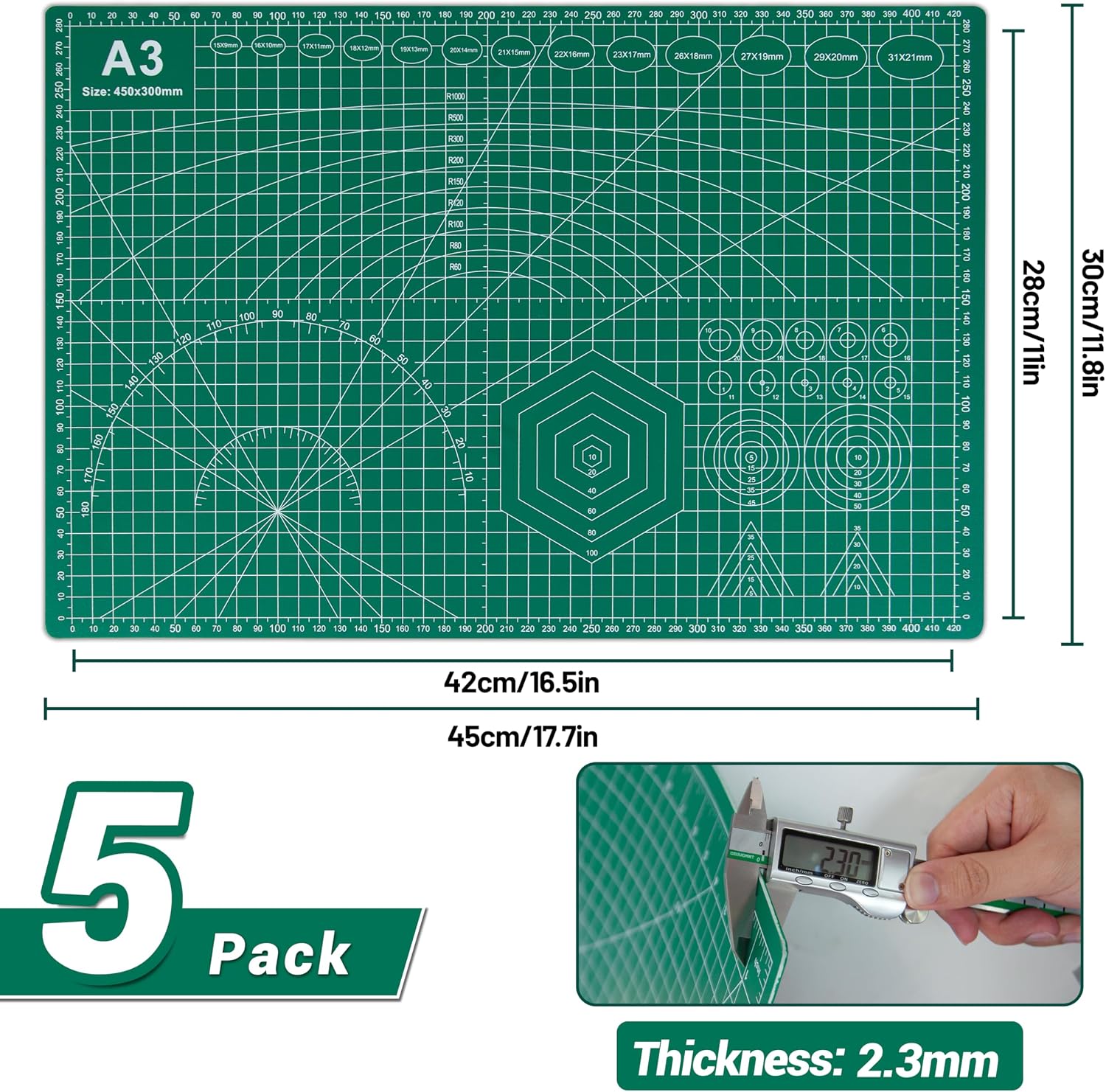 5Pack A3 Self Healing Cutting Mats,12" x 18" Double Sided PVC Craft Pads with Grid & Geometric Templates for Sewing,Scrapbooking,DIY Projects