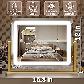 ROLOVE Gold Vanity Mirror with Lights 15 x 12, Lighted Makeup Mirror with 10X Magnification, 3 Color Lighting & Dimmable Brightness, Make Up Mirror with Lighting for Bedroom Tabletop