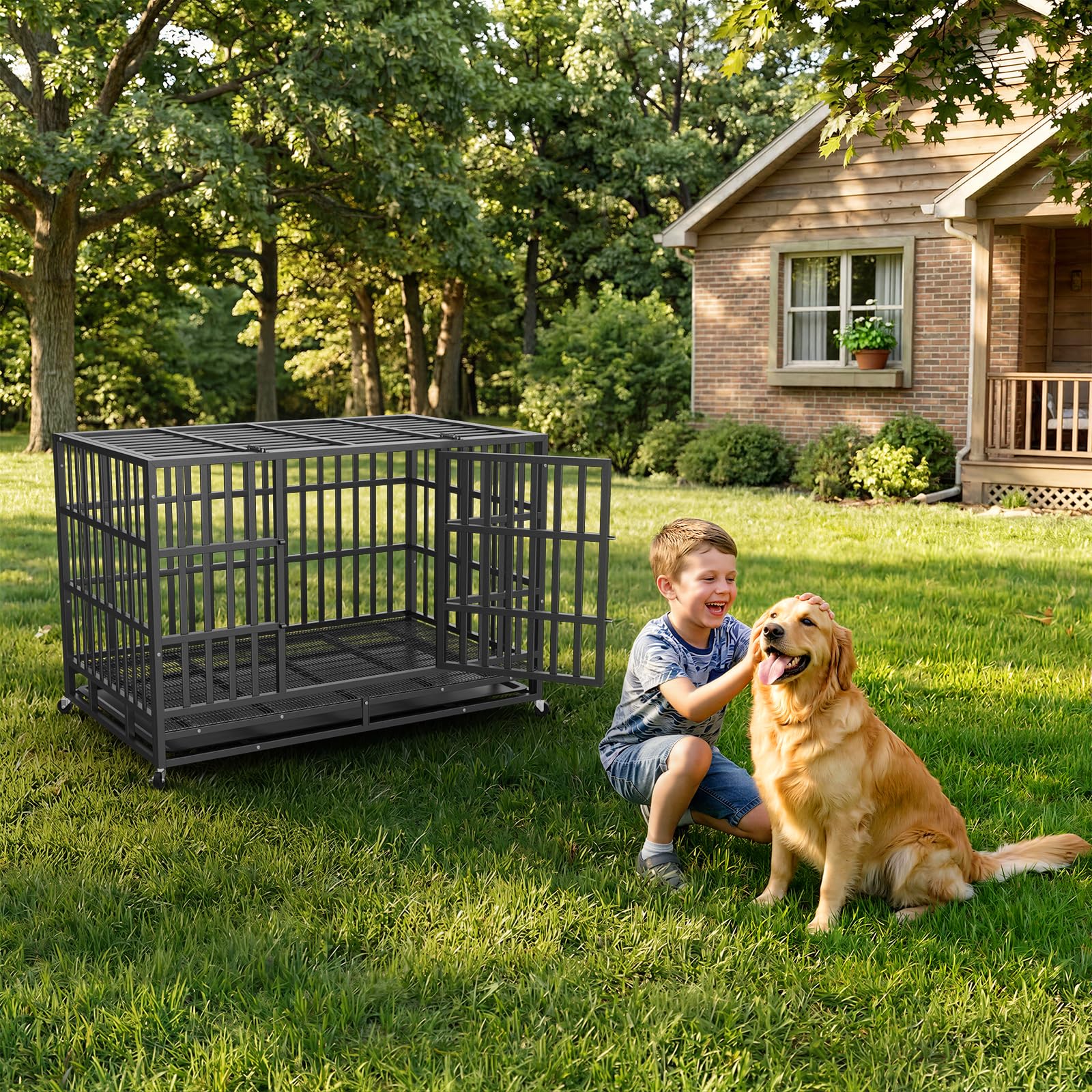 IronovaPets 48 Inch Heavy Duty Dog Crate, Indestructible Escape-Proof Dog Kennel for High Anxiety Large Dogs, Strong Carbon Steel Metal Cage with Double Doors, Lockable Wheels & Removable Tray - image 7