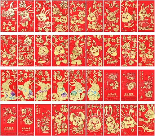Paquete de 36 sobres rojos chinos, sobres rojos de Año Nuevo chino, 6 diseños 2023 Año del conejo rojo, paquetes rojos de conejo de la suerte del