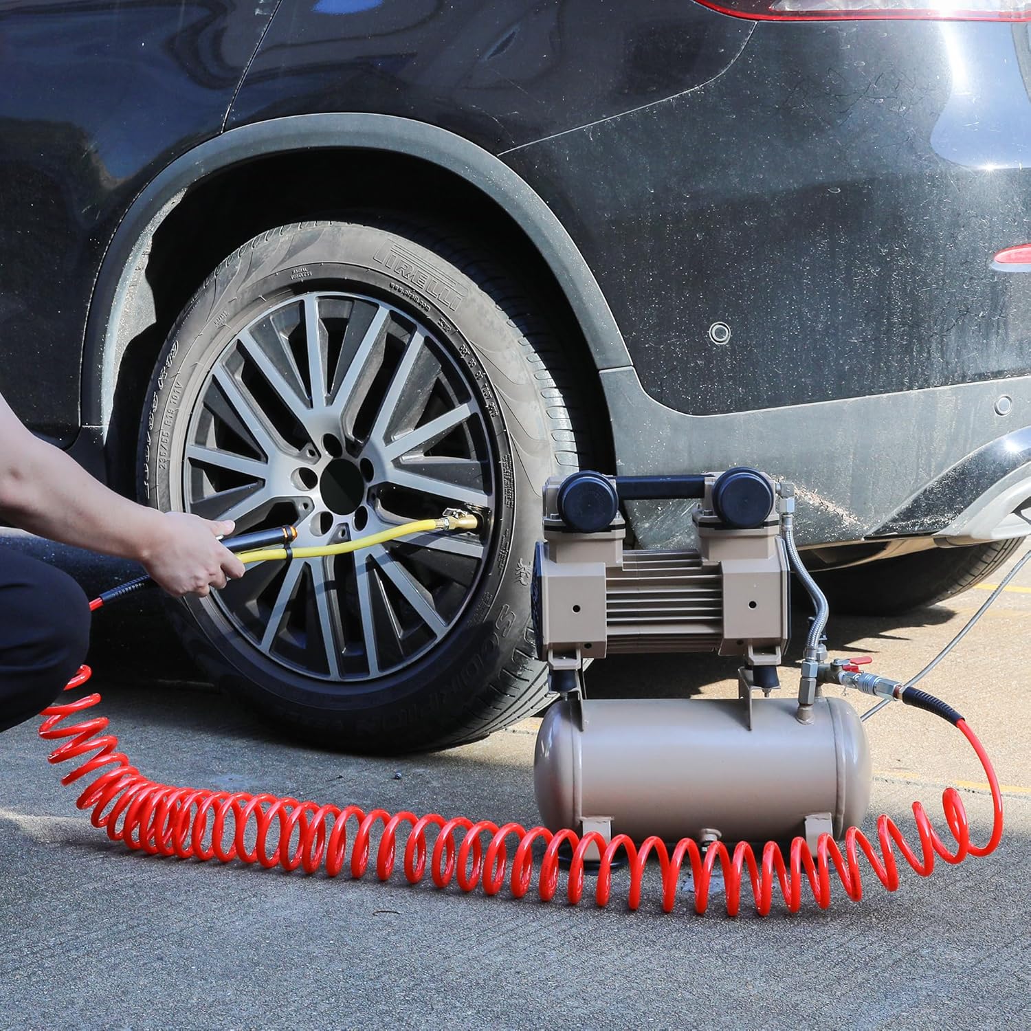 Hromee 1/4 in x 30 ft Polyurethane Recoil Air Compressor Hose with Bend Restrictors Compressor Hose with 1/4" Industrial Universal Quick Coupler and 4PCS I/M Plug Kit, Red