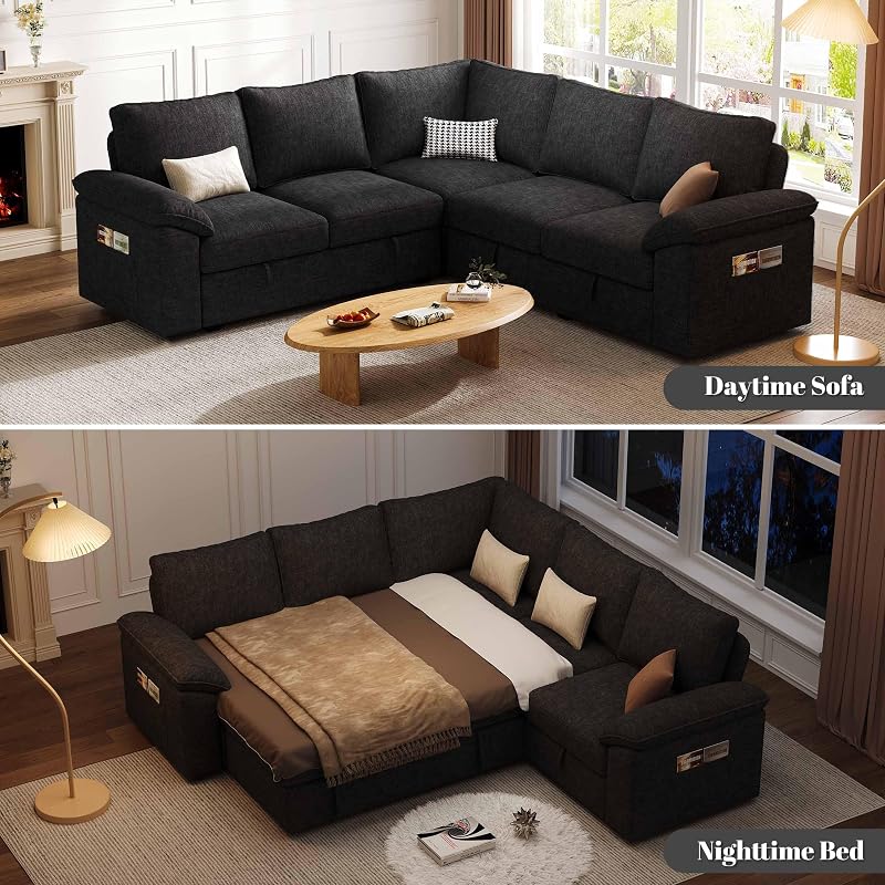 SUAWY 85'' Modular Sectional Sofa with Pull Out Bed, Sleeper Sofa, Black image 4