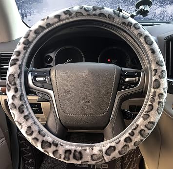 ZHOL Leopard Print Steering Wheel Cover, Universal 15 Inch Elastic Plush Softy Steering Wheel Cover for Women Girls, Winter Warm, Anti-Slip, Gray