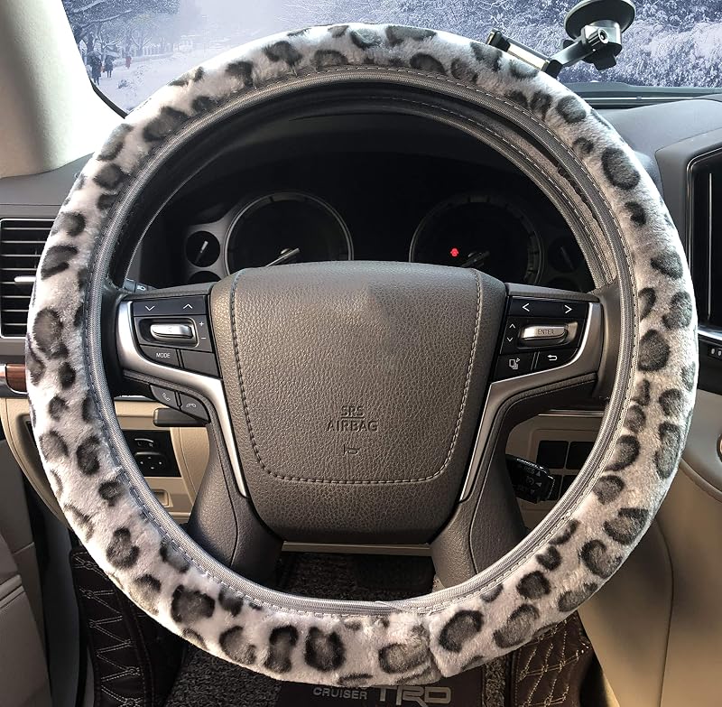 Capa para Volante ZHOL em Pelúcia Estampada Cheetah Gray para Carro, 37 a 38 cm