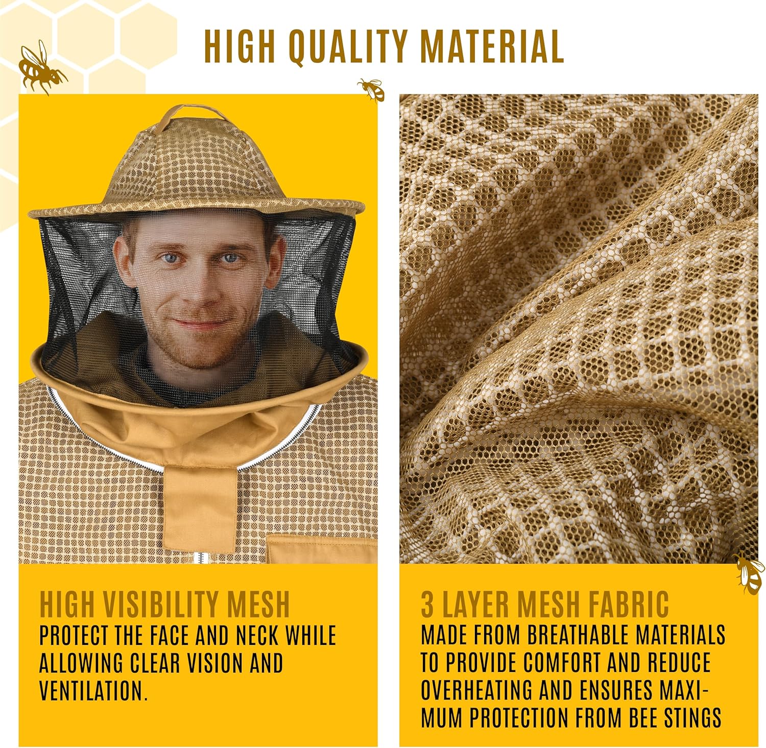 3 Layer Beekeeping Ventilated Jacket With Two Veils. Fully protective Metal Zipper Jacket with Round Veil and Fencing Veil. (Khaki, 3XL)