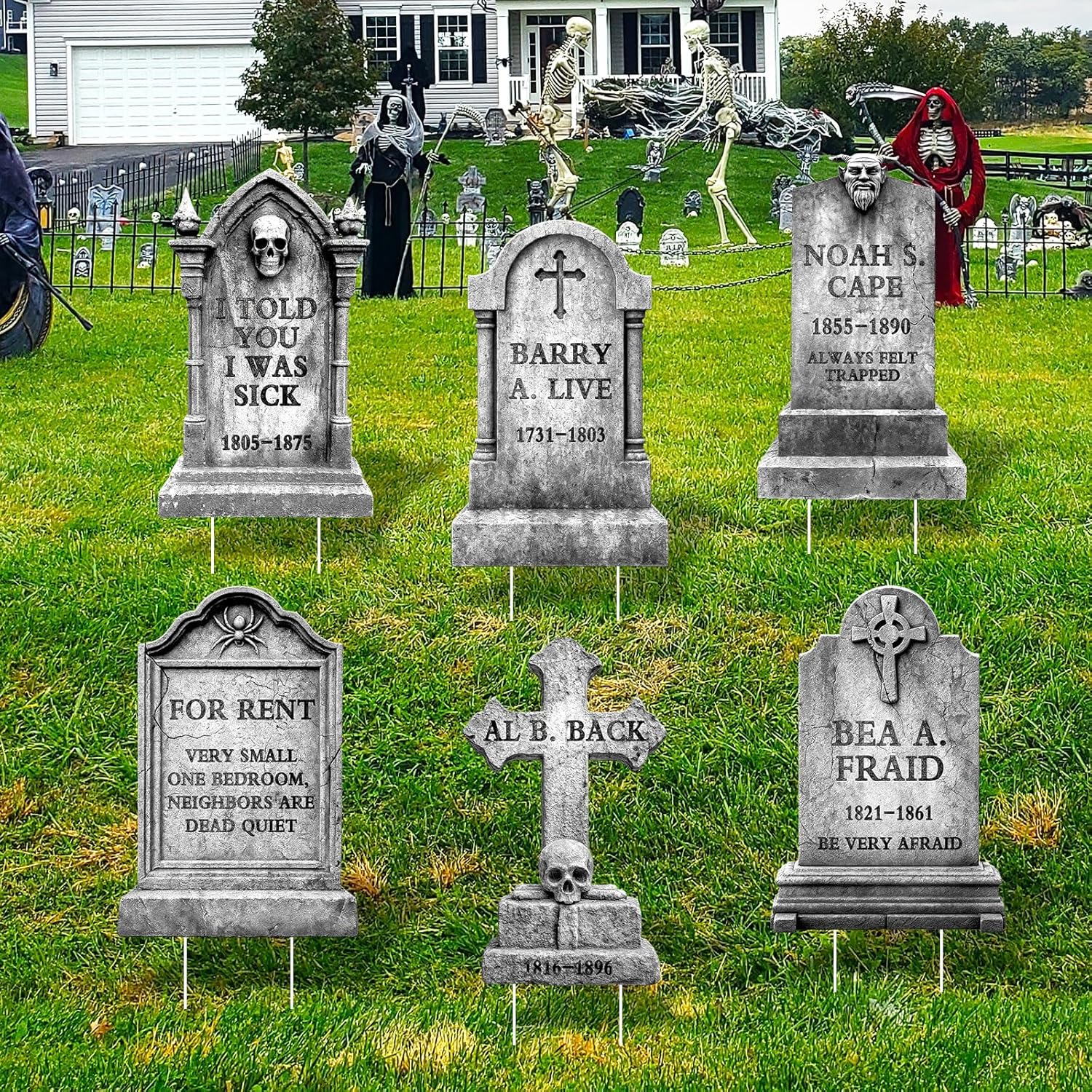 Halloween Decorations Outdoor Funny Graveyard Tombstone Yard Signs 6Pcs with Stakes Cemetery Headstones Scary Skeleton RIP Halloween Decorations for Outside Lawn, Garden, Party