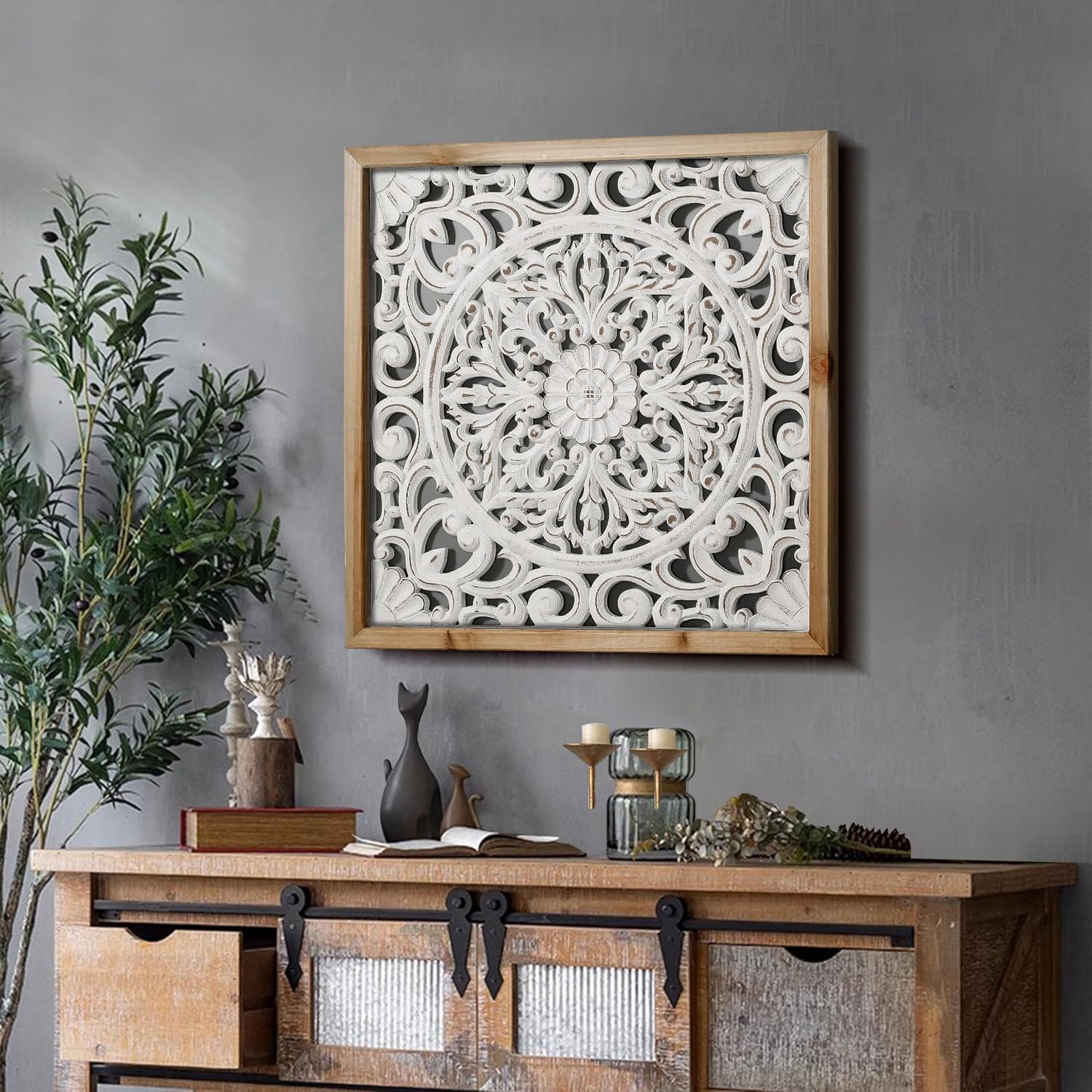 XIAOAIKA Boho Carved Wood Wall Sculpture, Intricate Floral Mandala Design with Distressed White Finish, Vintage Farmhouse Wall Art Panel with Solid Wood Frame for Bedroom Entryway (22.5" x 22.5")