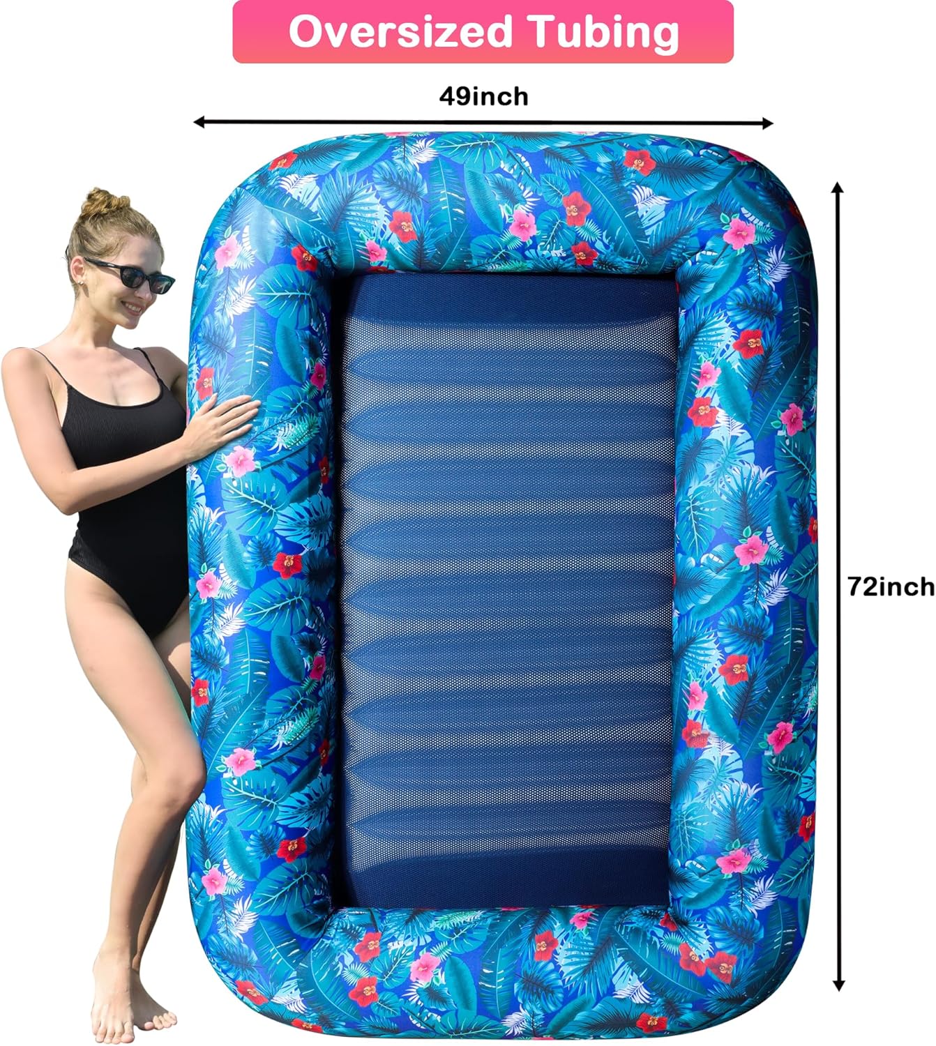 FindUWill Oversized Pool Float Lounge, 72" X 37" Extra Large Fabric-Covered Pool Floats for Adults, Inflatable Contour Lounger with Headrest Ultra-Comfort Cooling Pool Raft (XL, Monstera)