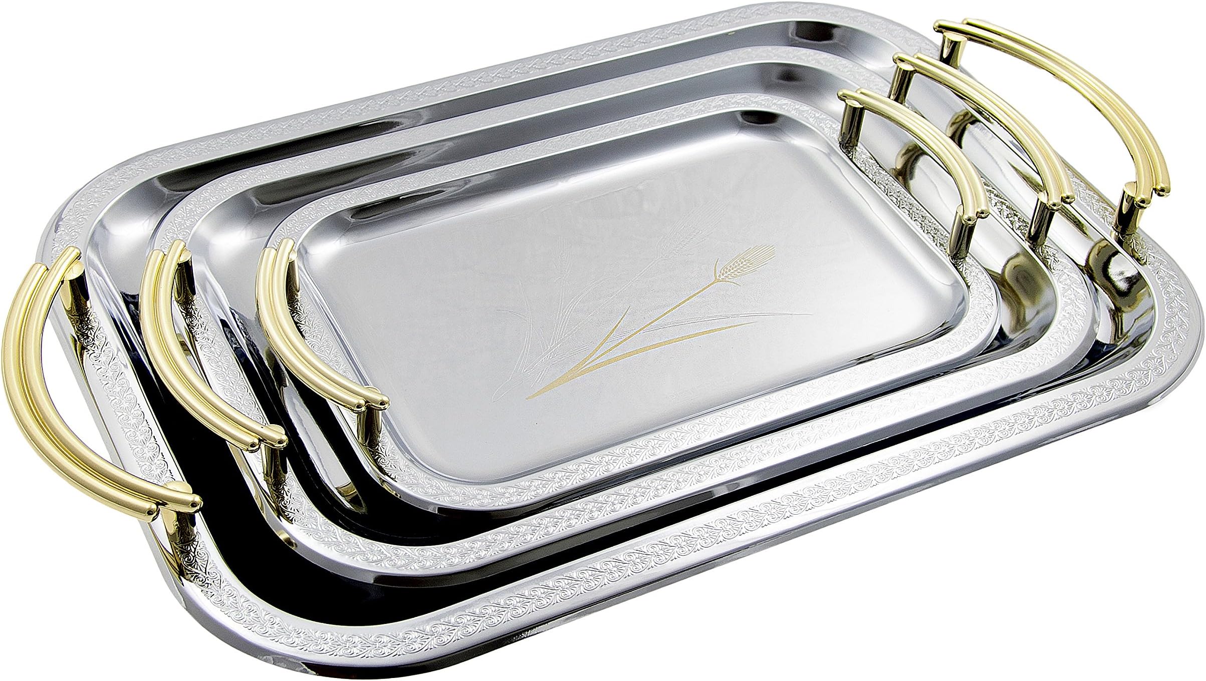 Stainless Steel Serving Tray Set with Handles for Fruit | Desert, Plate, Platters Set of 3 Different Size - Model (3)