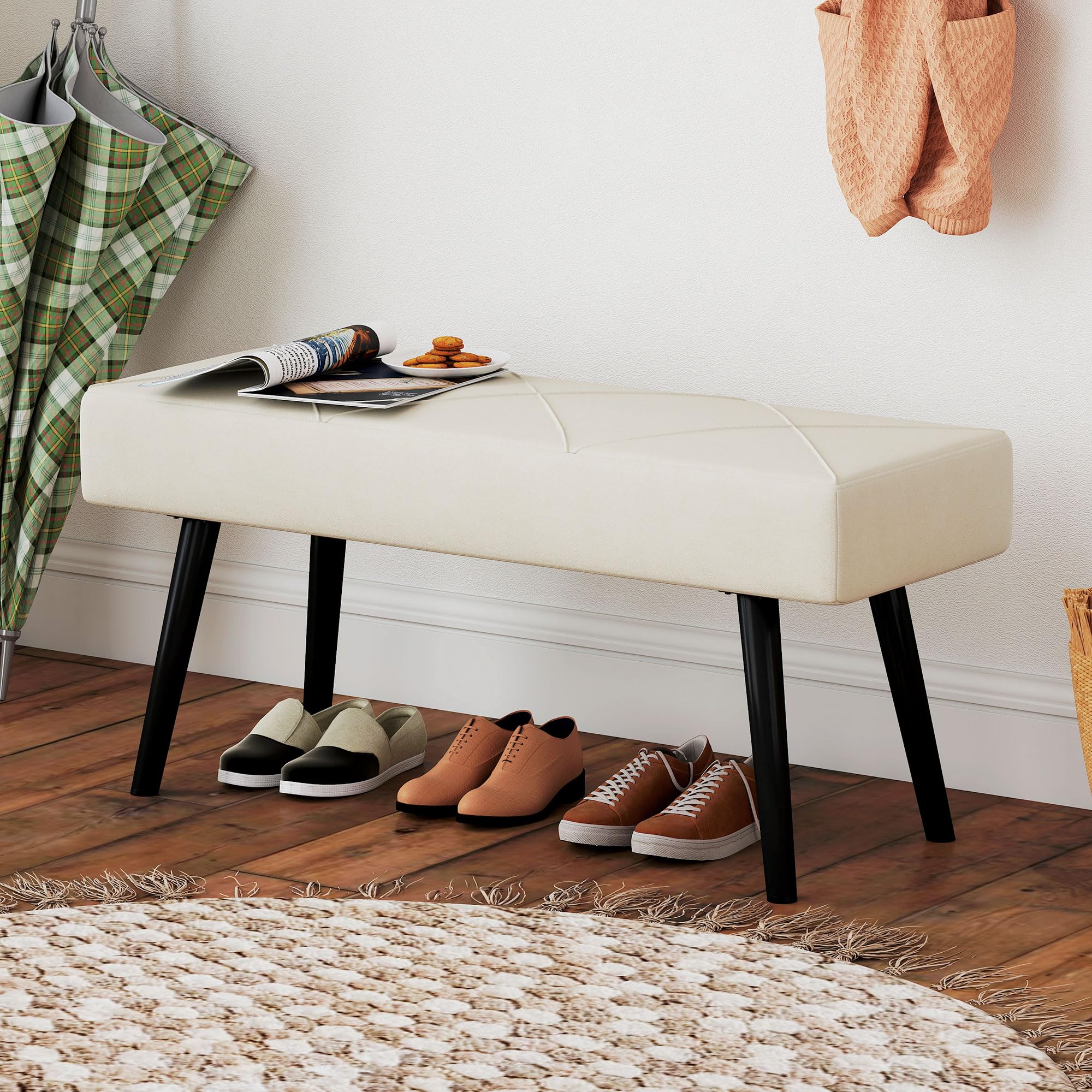 HOMCOM Sgabello multifunzionale, sgabello moderno, panca da letto con sedile imbottito e gambe in acciaio, carico 120 kg, per ingresso, corridoio, soggiorno, 100x36x45 cm, bianco crema