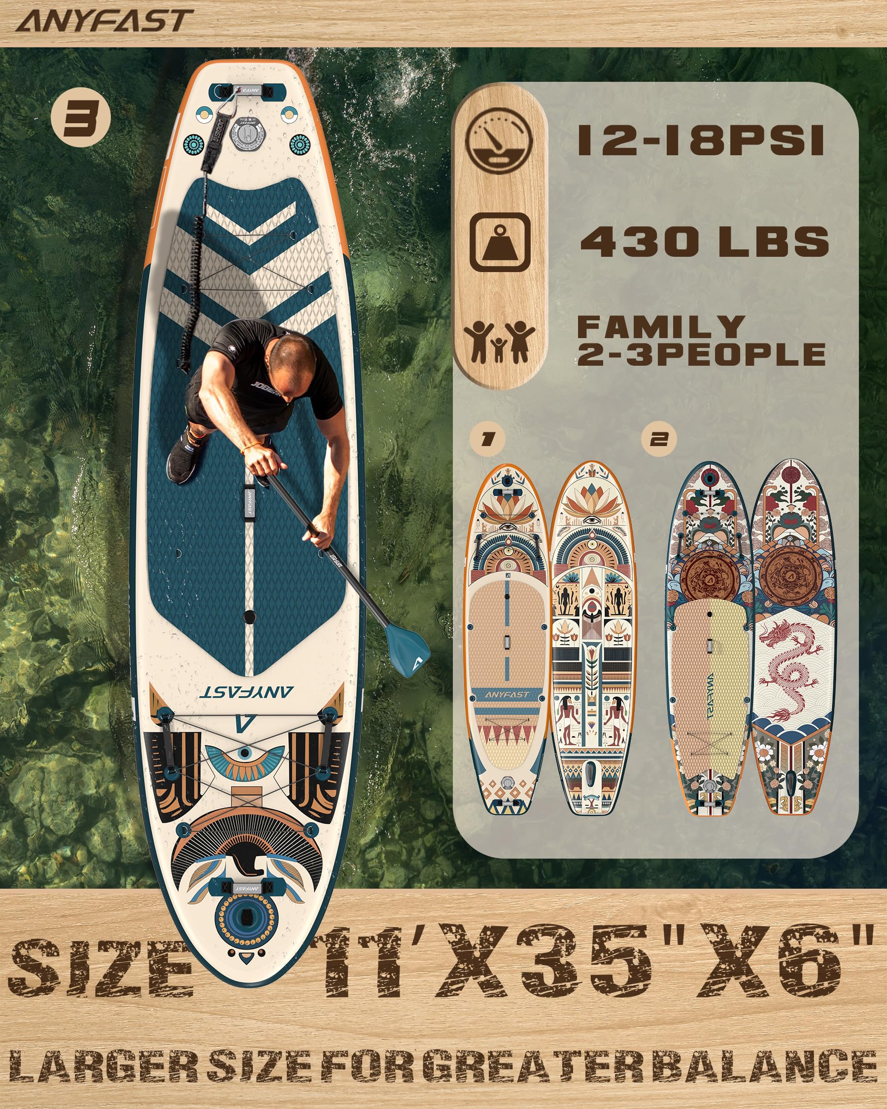 ANYFAST Planche à Pagaie Gonflable – Planche à Pagaie De Pêche Extra Large, Design Cool, Stand Up Paddle Ultra Stable, 15 Anneaux En D, 5 Poignées, Support De Caméra, Sac à Dos