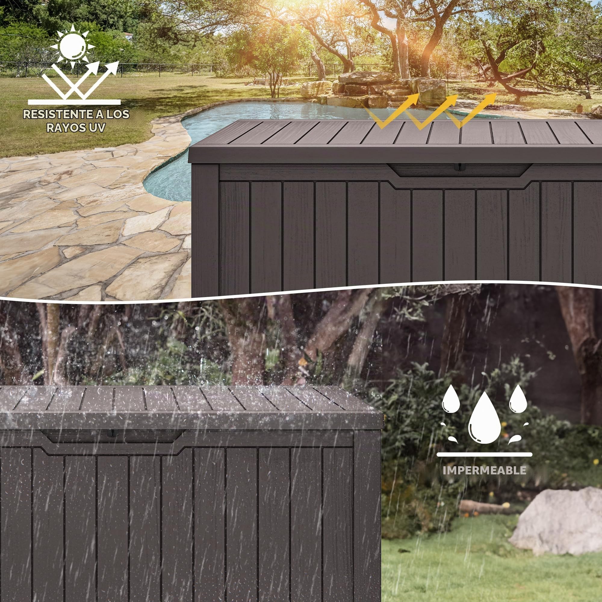 DWVO Caja de almacenamiento para jardín al aire libre, 450 L, 142,1 x 67,6 x 60 cm, impermeable, con cerradura segura, asas de transporte laterales, resistente a todo tipo de clima, caja de resina