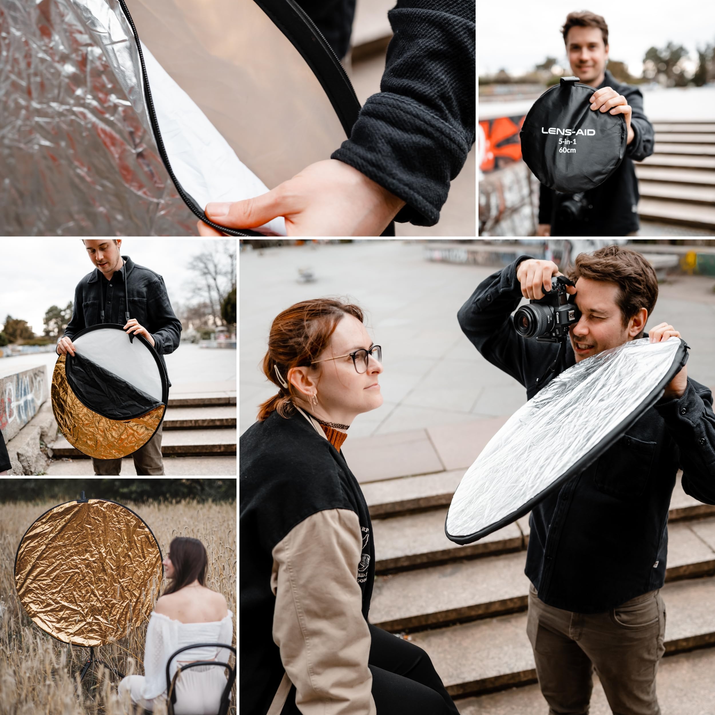 Lens-Aid Riflettore Fotografico 5-in-1 Ø60cm – Bianco, Nero, Argento, Oro & Diffusore – Pieghevole con Custodia per Studio & Outdoor, Ideale per Ritratto, Food e Prodotto