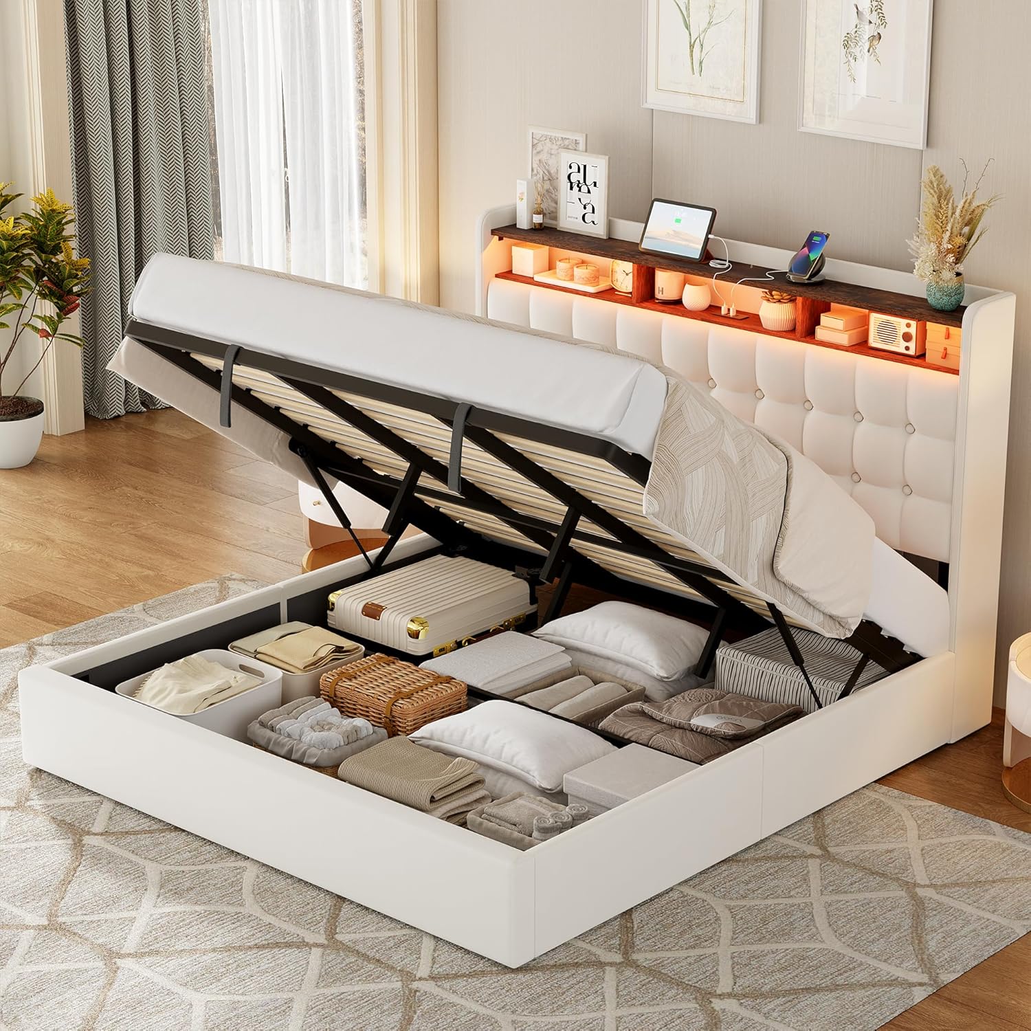 Keyluv King Size Lift Up Storage Bed Frame with LED Lights and Charging Station, 50.4" Tall Upholstered Platform Bed with Button Tufted Storage Headboard, Hydraulic Lift System, Noise-Free, Beige