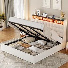 Keyluv Queen Size Lift Up Storage Bed Frame with LED Lights and Charging Station, 50.4" Tall Upholstered Platform Bed with Button Tufted Storage Headboard, Hydraulic Lift System, Noise-Free, Beige